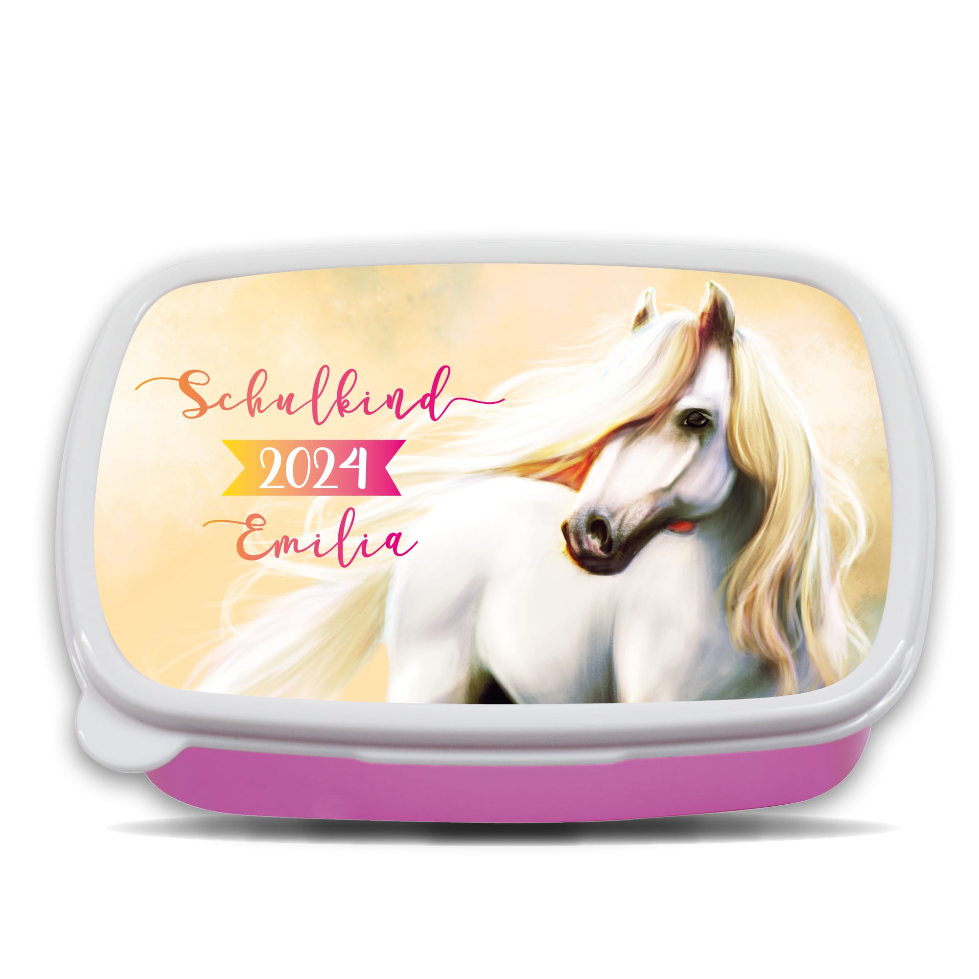 Auf dem Bild ist das Produkt: Brotdose Pferd personalisiert mit Wunschnamen Vesperbox Geschenk anpassbar Einschulung Mädchen zum Preis von €19.9 abgebildet.