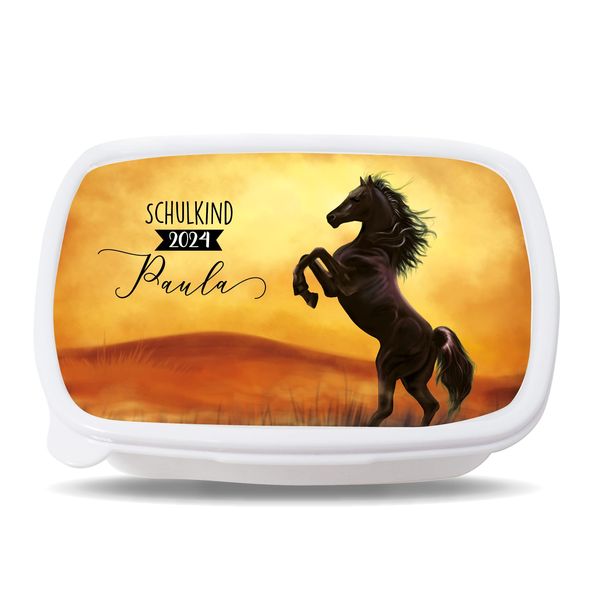 Auf dem Bild ist das Produkt: Brotdose Pferd personalisiert mit Wunschnamen Vesperbox anpassbar Geschenk zur Einschulung Mädchen zum Preis von €19.9 abgebildet.