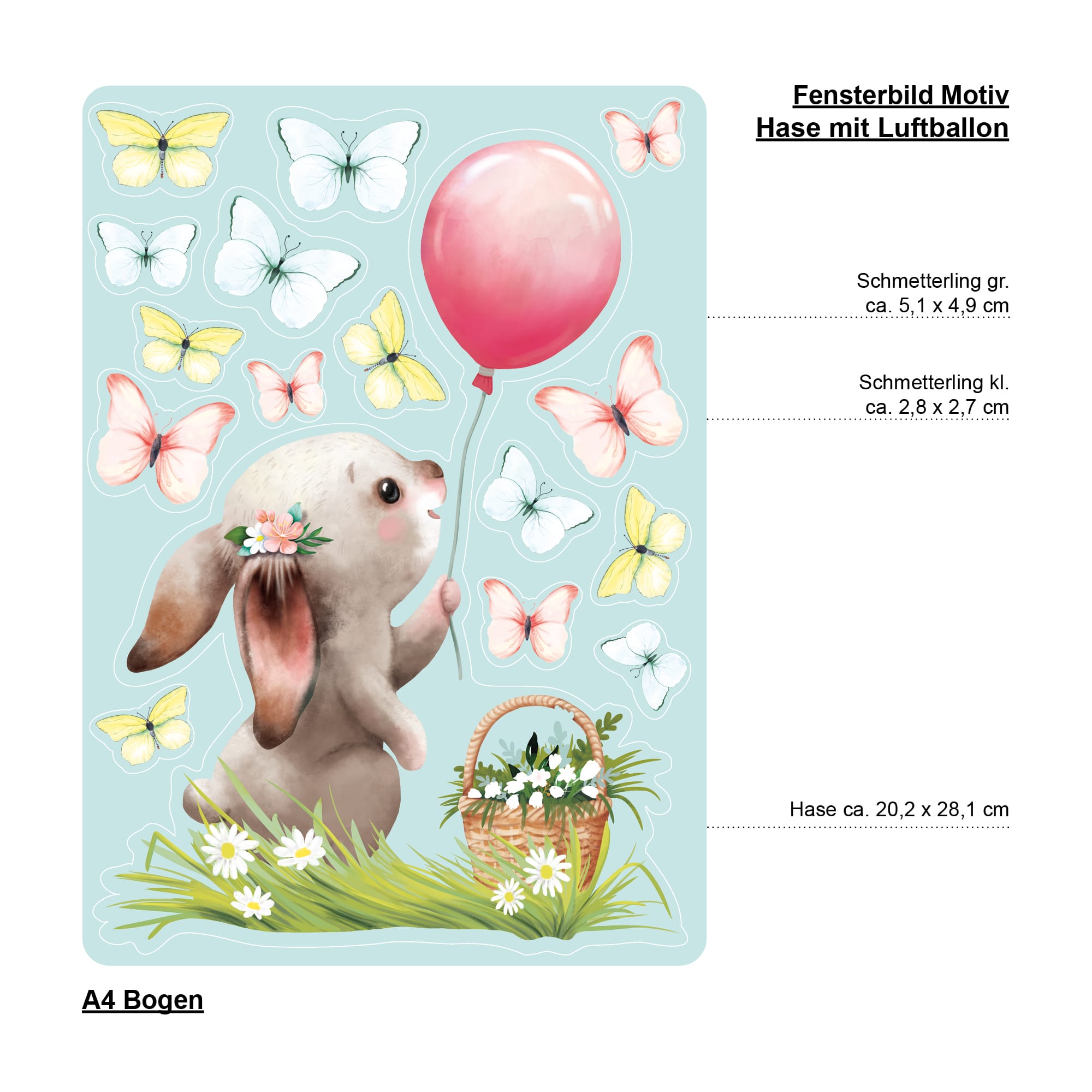 Auf dem Bild ist das Produkt: Fensterbild Frühling Ostern Hase Luftballon Schmetterlinge Fensterdeko Wiederverwendbar Kinderzimmer Kind Frühlingsdeko Osterdeko zum Preis von €13.9 abgebildet.