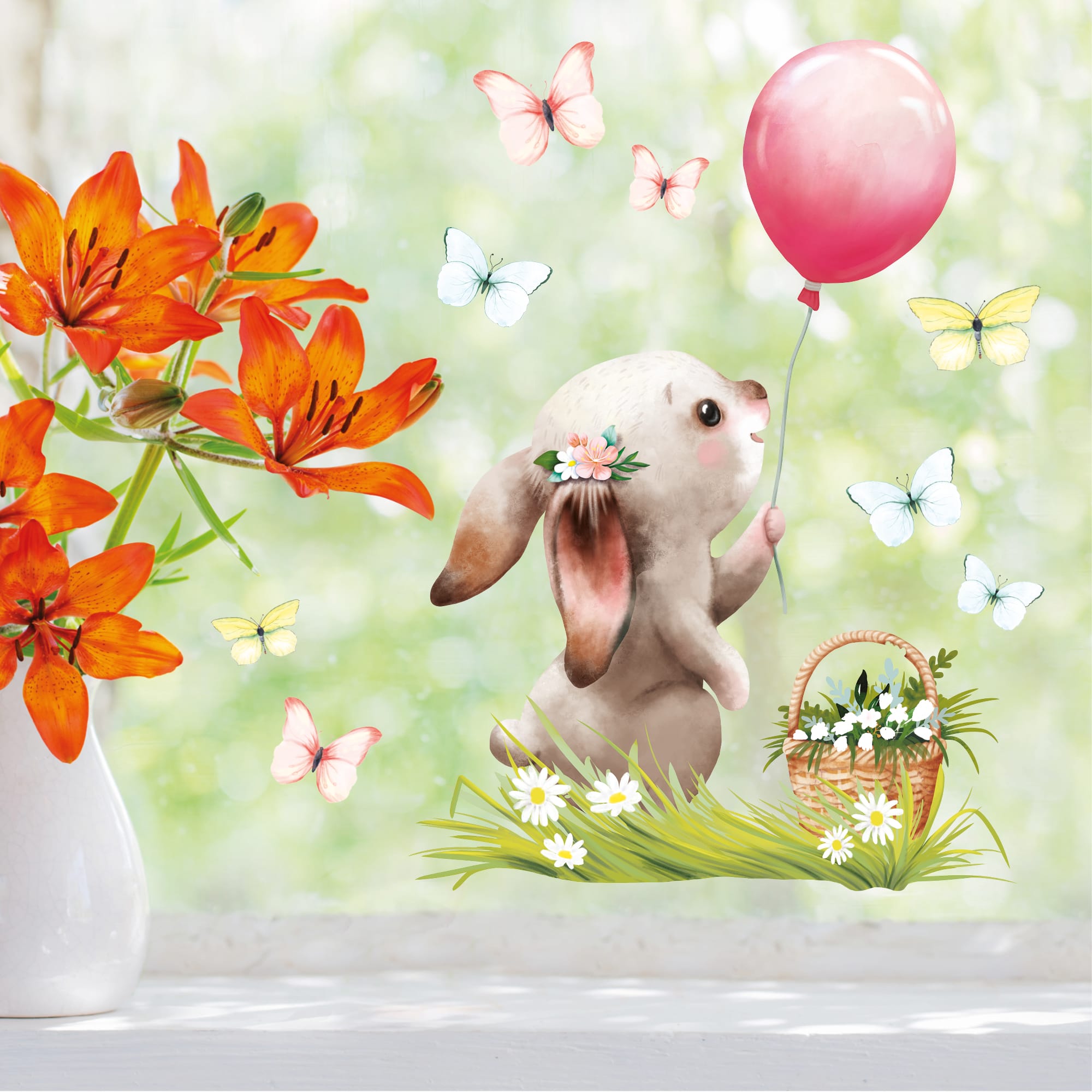 Auf dem Bild ist das Produkt: Fensterbild Frühling Ostern Hase Luftballon Schmetterlinge Fensterdeko Wiederverwendbar Kinderzimmer Kind Frühlingsdeko Osterdeko zum Preis von €13.9 abgebildet.