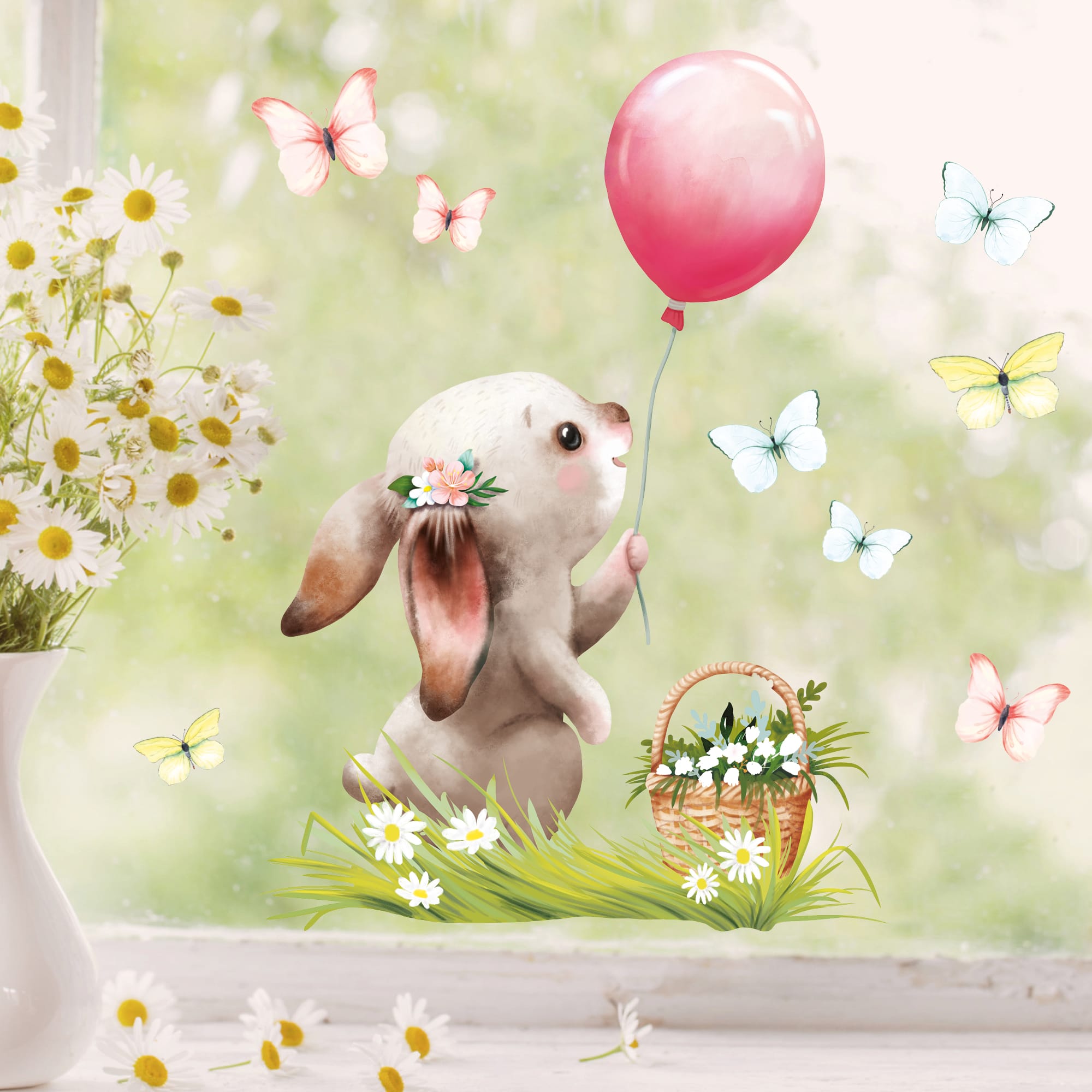 Auf dem Bild ist das Produkt: Fensterbild Frühling Ostern Hase Luftballon Schmetterlinge Fensterdeko Wiederverwendbar Kinderzimmer Kind Frühlingsdeko Osterdeko zum Preis von €13.9 abgebildet.