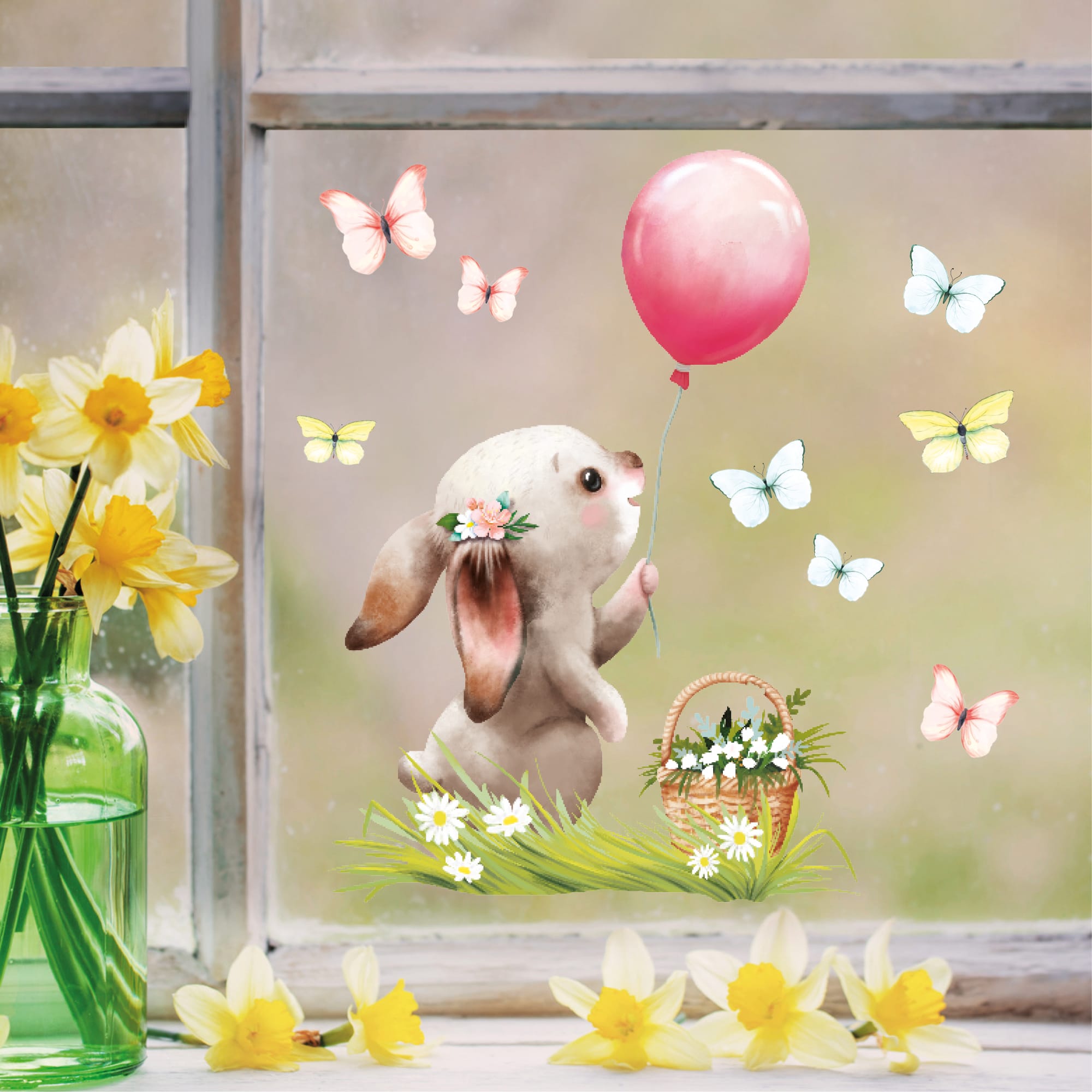 Fensterbild Frühling Ostern Hase Luftballon Schmetterlinge Fensterdeko Wiederverwendbar Kinderzimmer Kind Frühlingsdeko Osterdeko