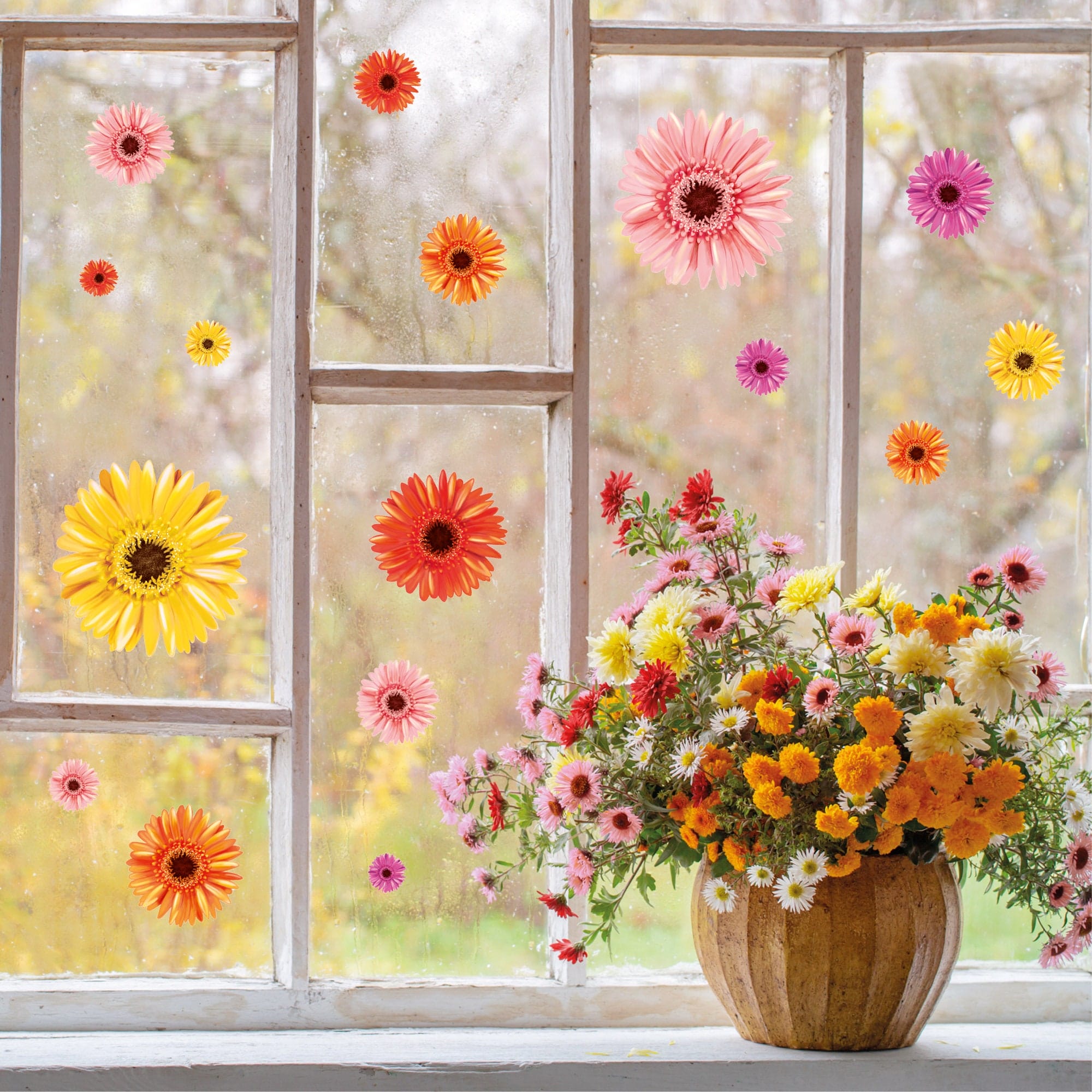 Fensterbild Gerbera wiederverwendbar pastell Blumen bunt florale Fensterdekoration