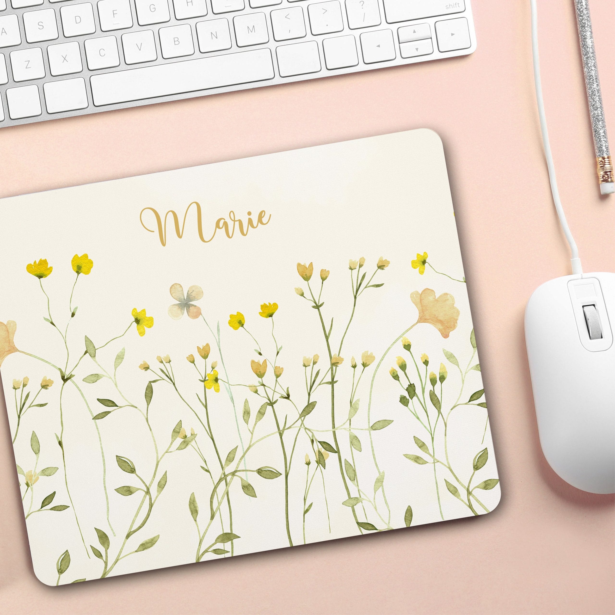 Mauspad personalisiert Wildblumen Mousepad floral gelb Blumen Wunschname Geschenk Geburtstag Büro