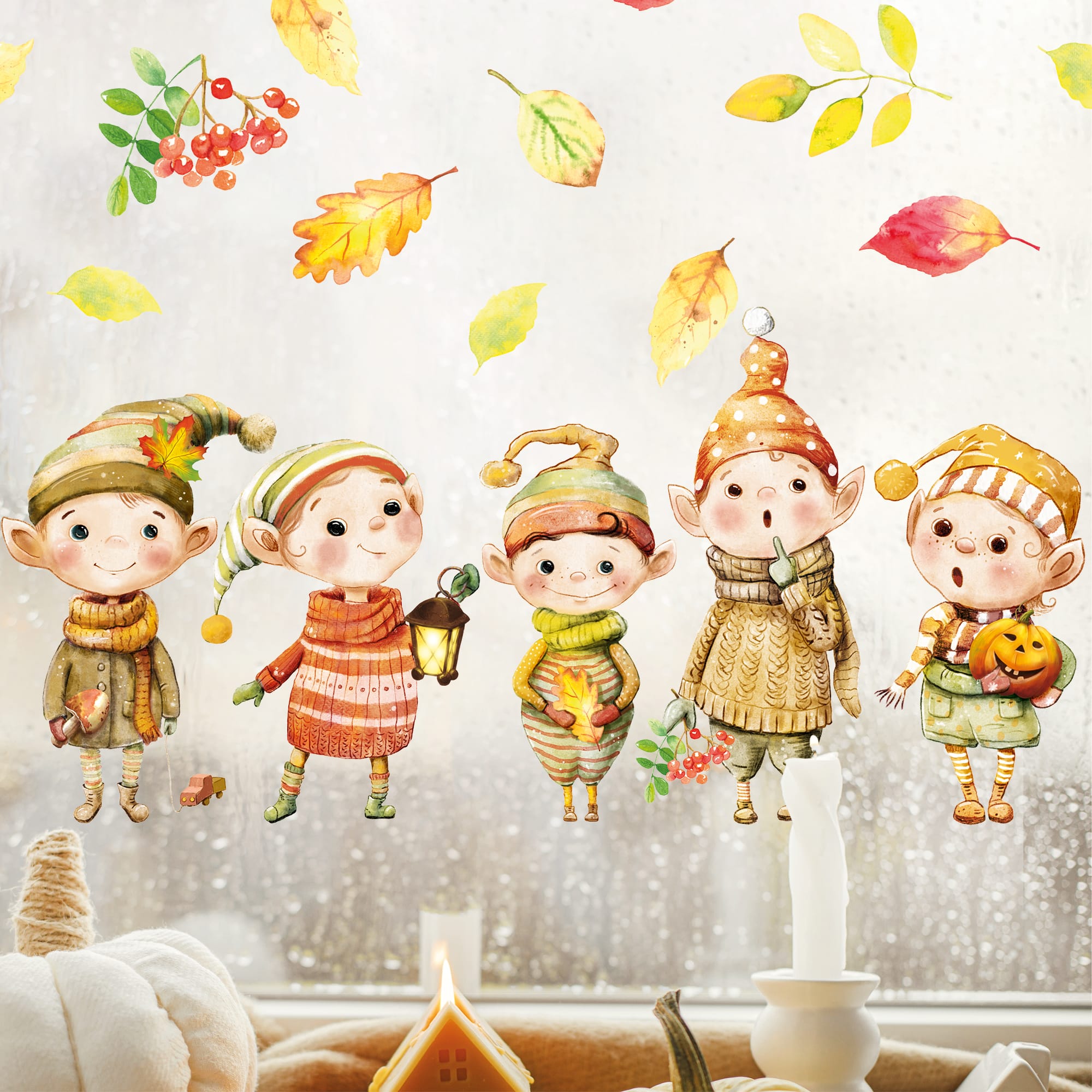 Auf dem Bild ist das Produkt: Fensterbild Herbst niedliche Wichtel mit Blättern herbstliche Fensteraufkleber Fensterdeko Deko zum Preis von €13.90 abgebildet.