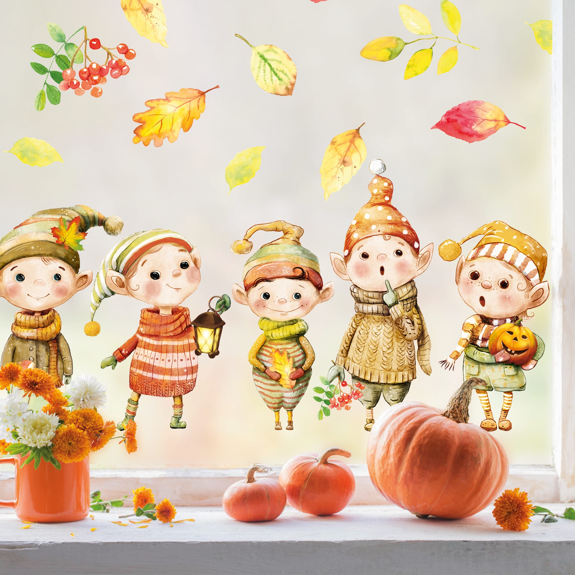 Fensterbild Herbst niedliche Wichtel mit Blättern herbstliche Fensteraufkleber Fensterdeko Deko