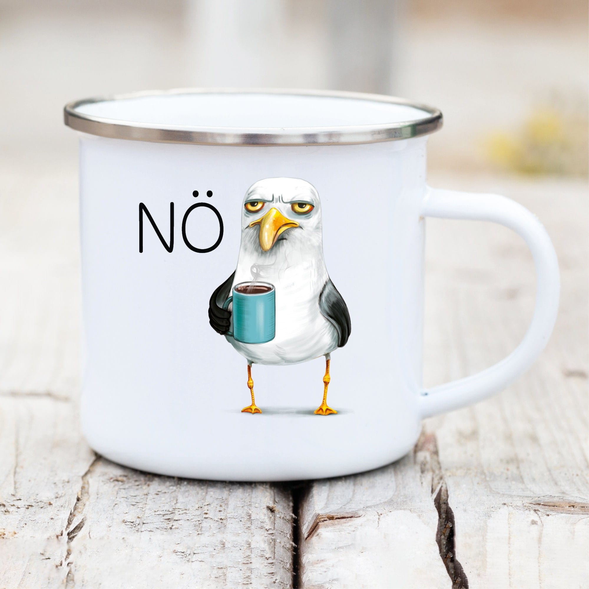 Campingbecher Emaille mit Möwe und Nö Geschenk Geburtstag Freundschaft grimmiger Vogel