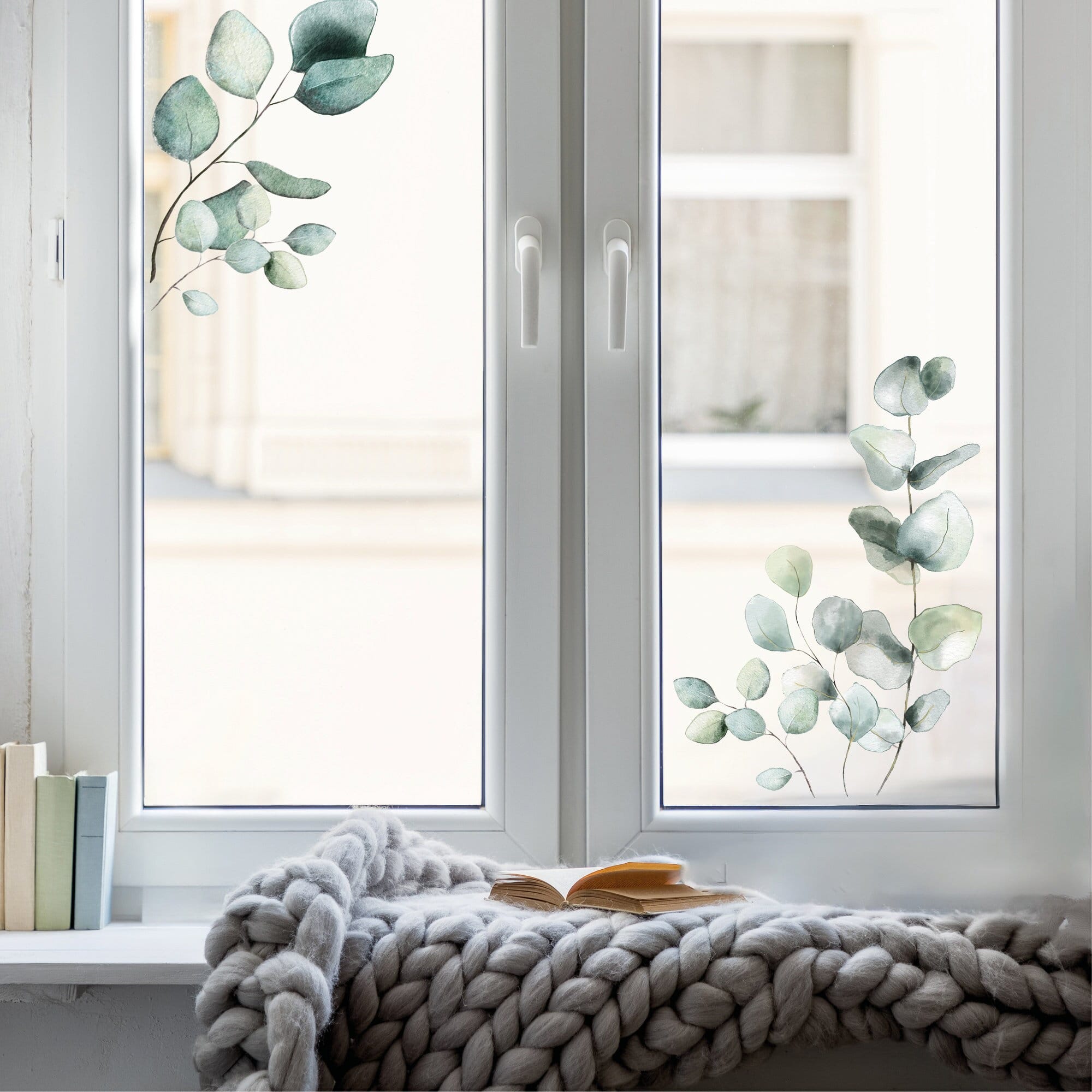 Fensterbild Eukalyptus Zweig Ranke Pflanze Rahmen wiederverwendbar Fensteraufkleber Fensterdekoration Frühling