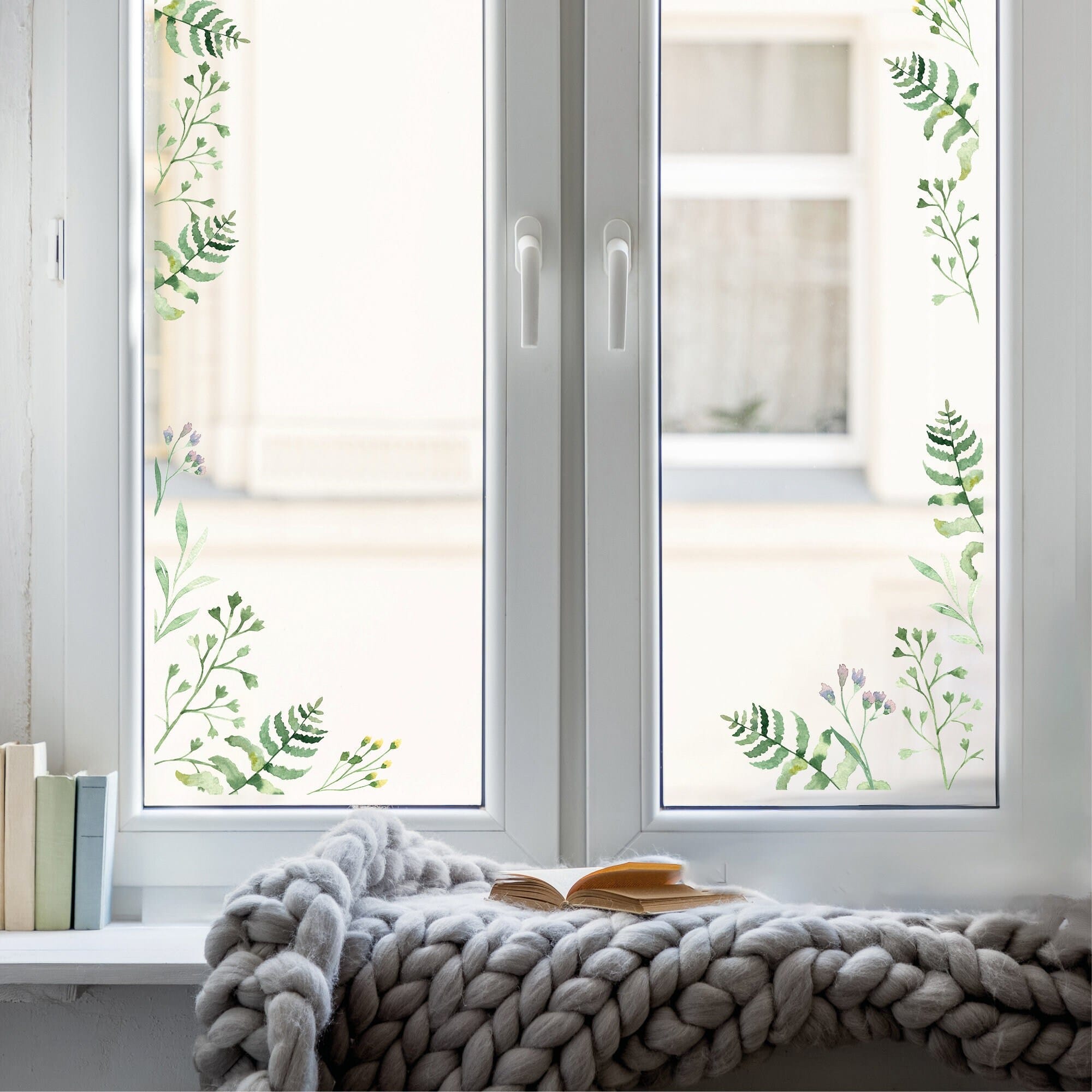 Fensterbild grüne Gräser Zweig Farne Rahmen wiederverwendbar Fensteraufkleber Fensterdekoration Frühling
