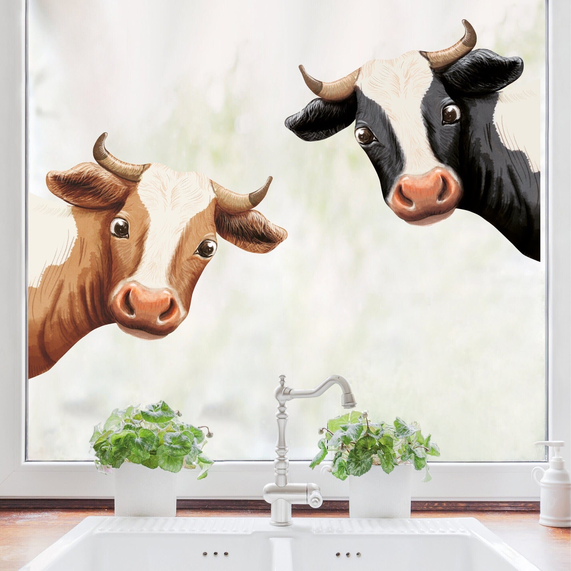 Fensterbild Kuh ins Fenster schauend braun schwarz reinschauend Kuhkopf wiederverwendbar Frühling Bauernhof Bulle Kalb