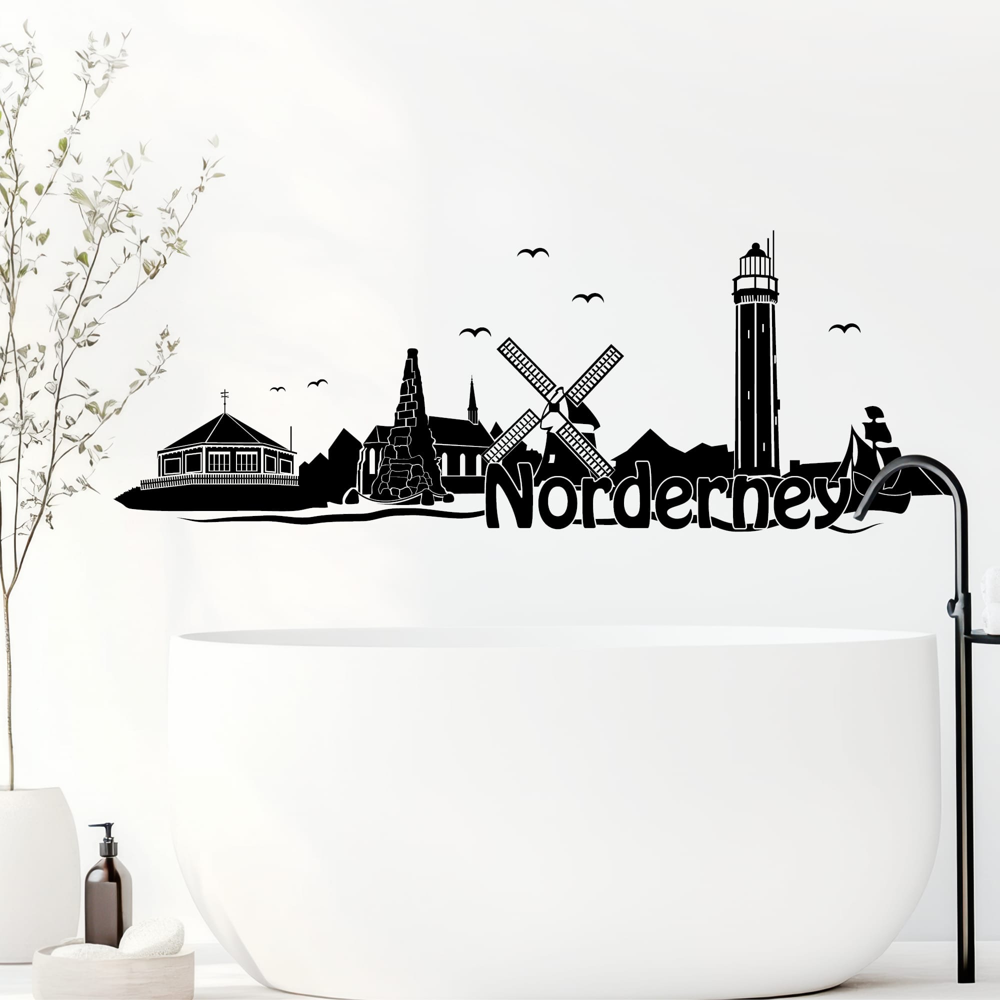 Auf dem Bild ist das Produkt: Wandtattoo Skyline Norderney Niedersachsen Wanddekoration Heimat Urlaubserinnerung Wohnraumgestaltung zum Preis von €29.90 abgebildet.
