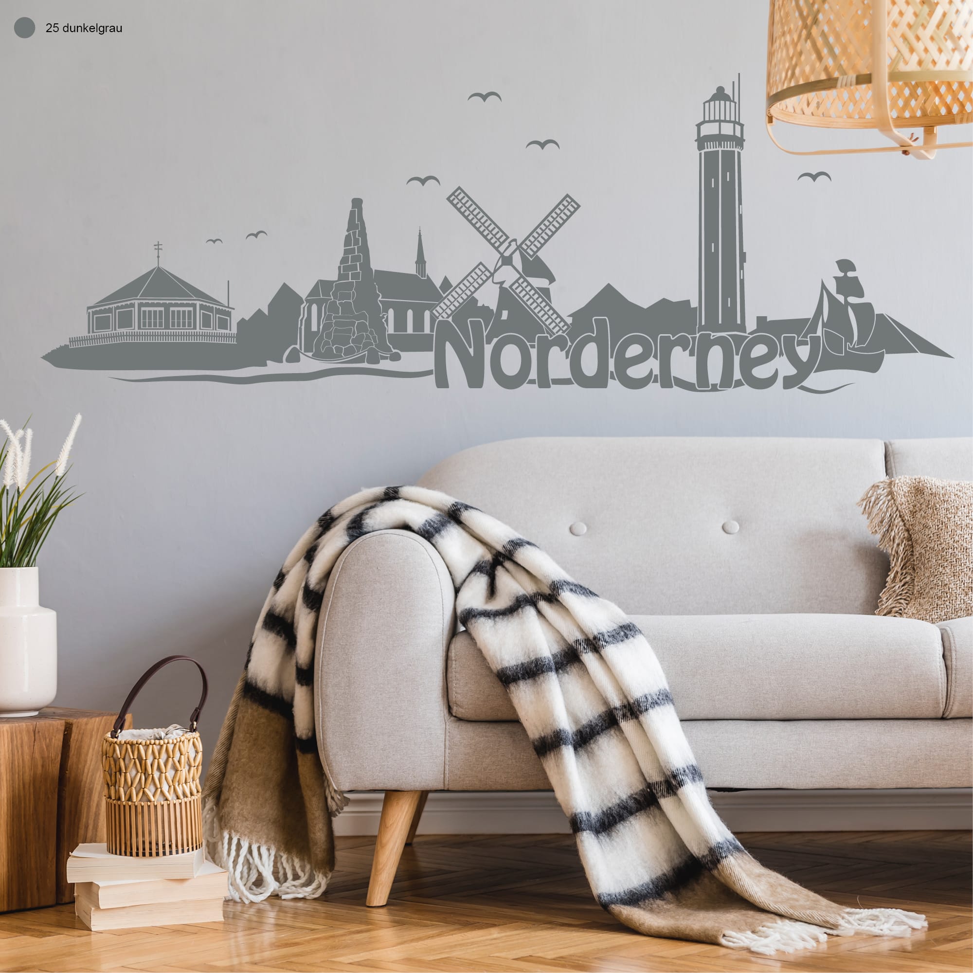 Auf dem Bild ist das Produkt: Wandtattoo Skyline Norderney Niedersachsen Wanddekoration Heimat Urlaubserinnerung Wohnraumgestaltung zum Preis von €29.90 abgebildet.