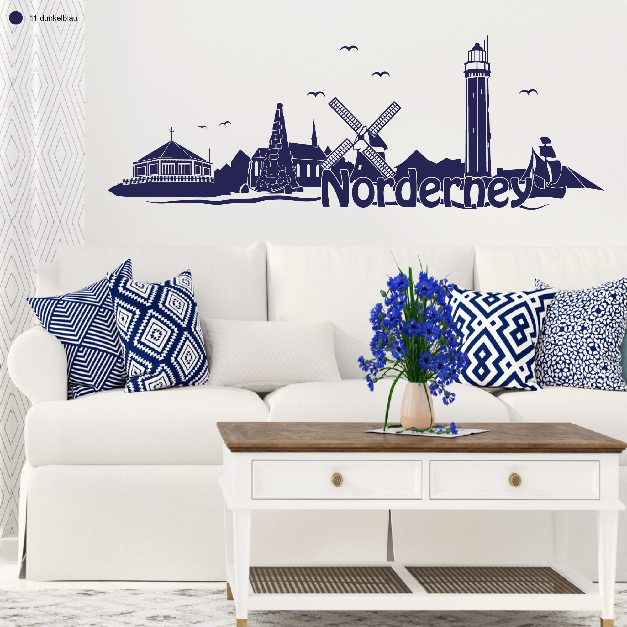 Auf dem Bild ist das Produkt: Wandtattoo Skyline Norderney Niedersachsen Wanddekoration Heimat Urlaubserinnerung Wohnraumgestaltung zum Preis von €29.90 abgebildet.