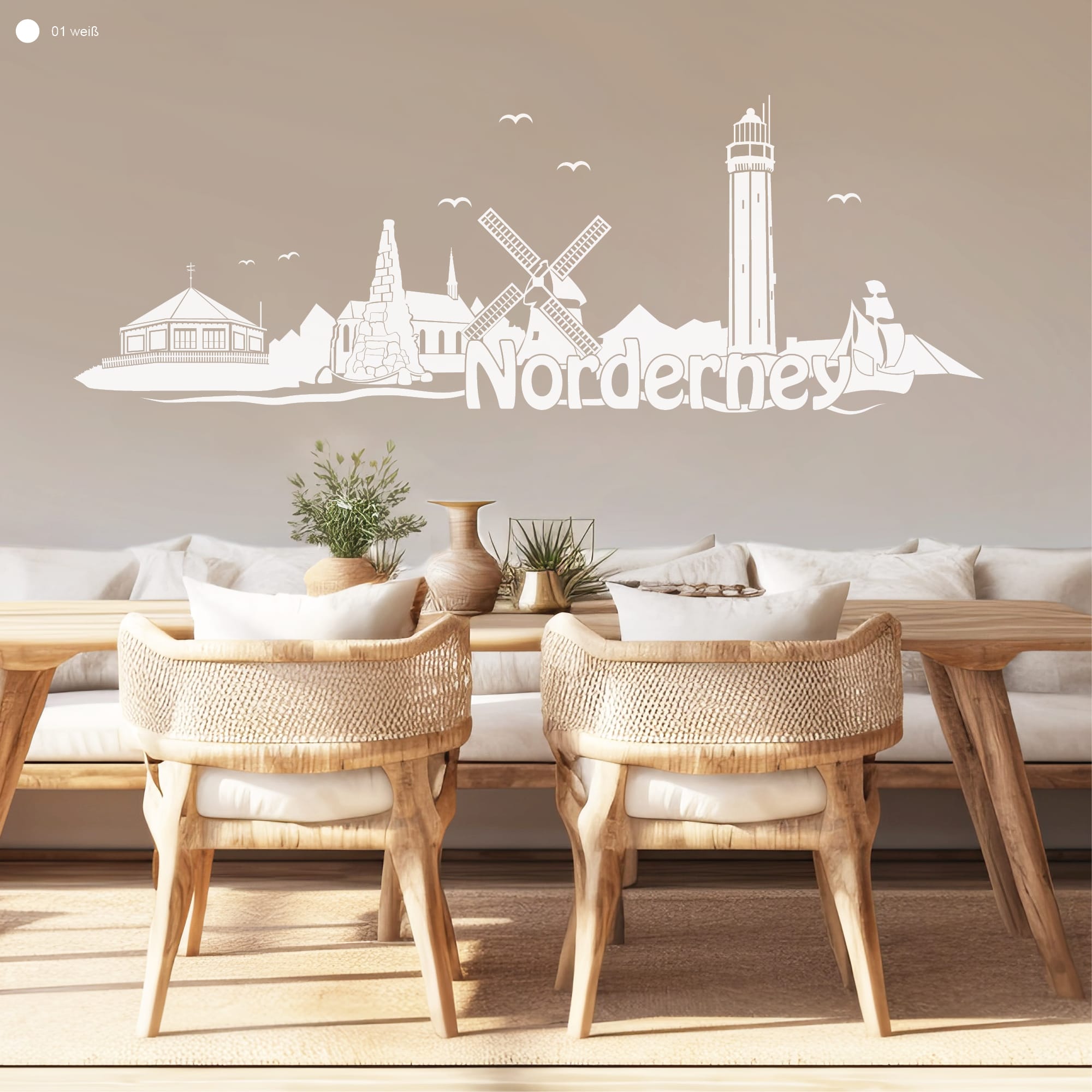 Auf dem Bild ist das Produkt: Wandtattoo Skyline Norderney Niedersachsen Wanddekoration Heimat Urlaubserinnerung Wohnraumgestaltung zum Preis von €29.90 abgebildet.
