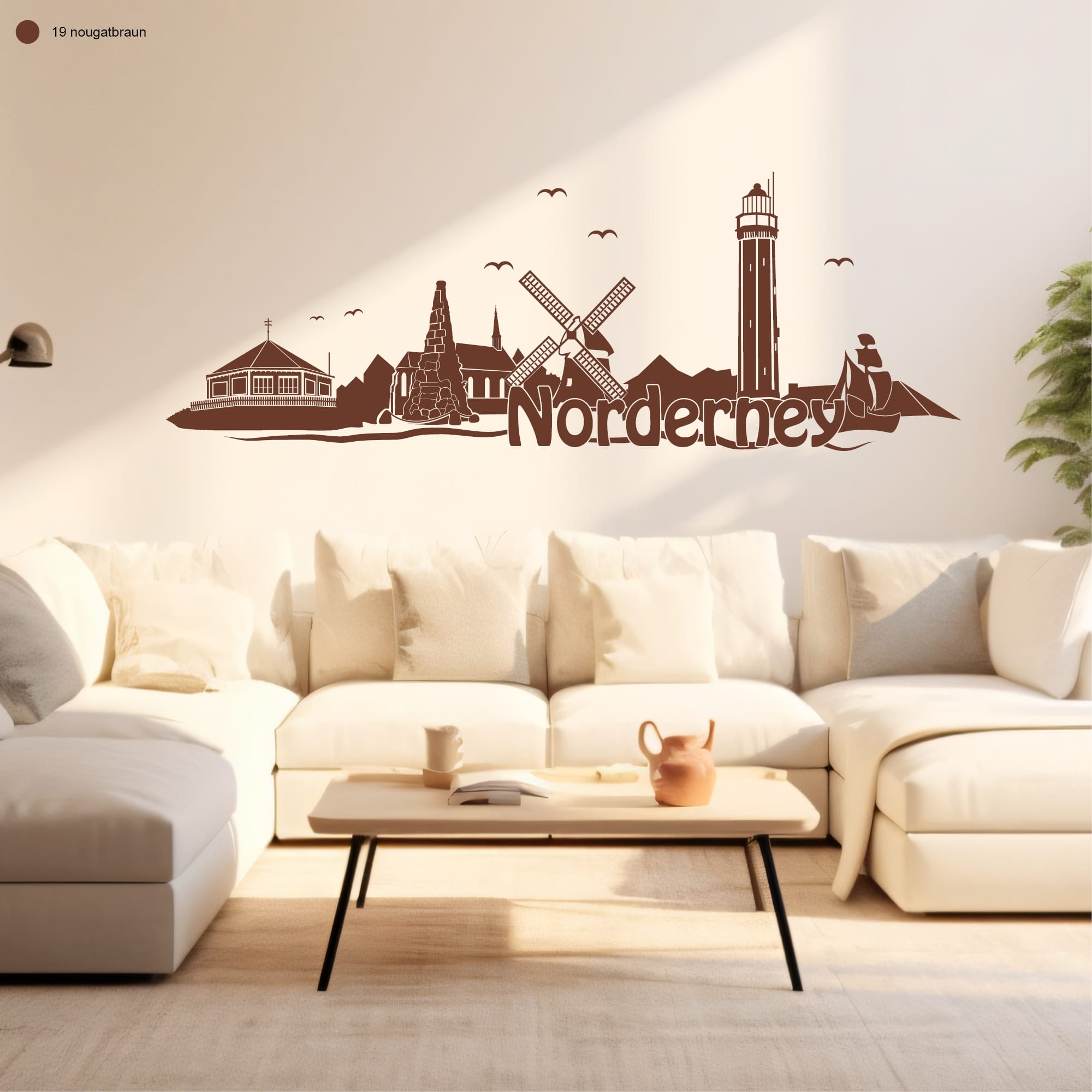 Auf dem Bild ist das Produkt: Wandtattoo Skyline Norderney Niedersachsen Wanddekoration Heimat Urlaubserinnerung Wohnraumgestaltung zum Preis von €29.90 abgebildet.