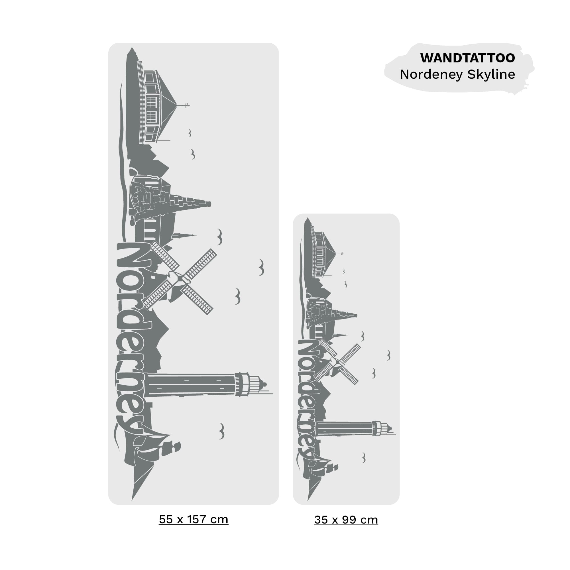 Auf dem Bild ist das Produkt: Wandtattoo Skyline Norderney Niedersachsen Wanddekoration Heimat Urlaubserinnerung Wohnraumgestaltung zum Preis von €29.90 abgebildet.