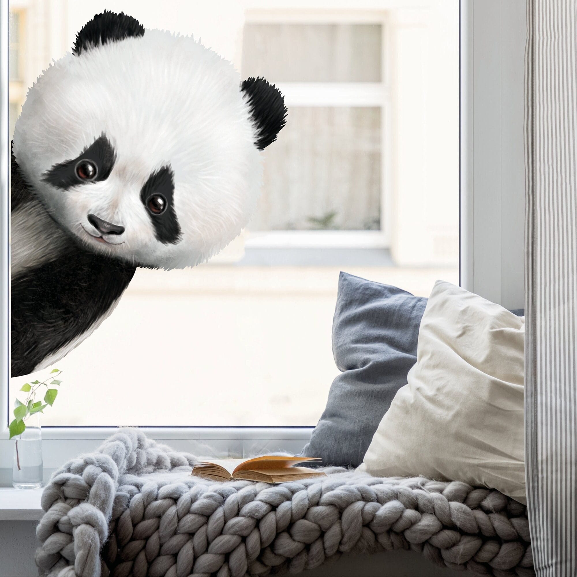 Fensterbild ins Fenster reinschauender Panda Fensterdeko Kinderzimmer Kind Osterdeko Frühlingsdeko
