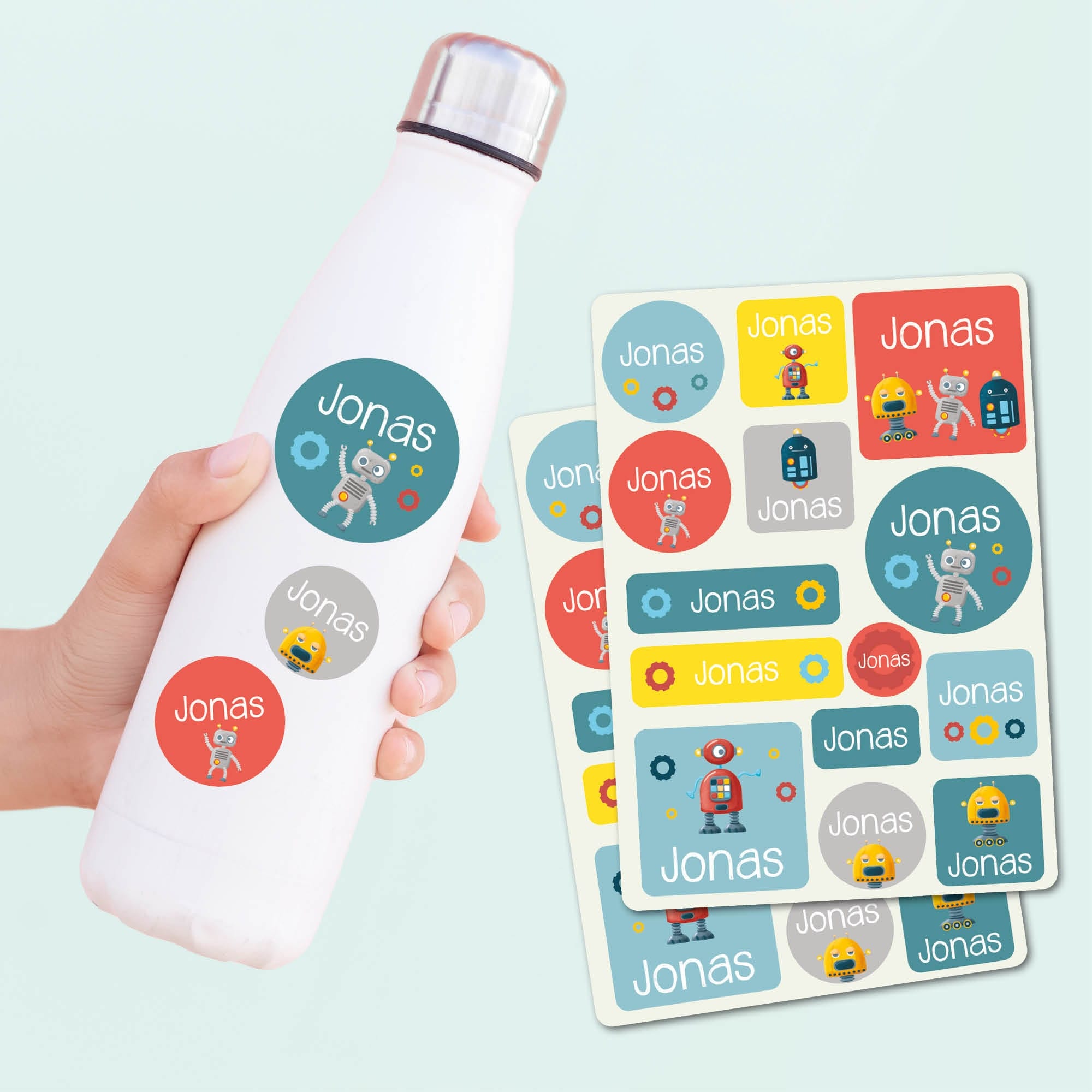 Namensaufkleber Sticker Roboter Wunschname Set Aufkleber Robo Schule Kindergarten Aufkleberset Wunschname Einschulung Bücheraufkleber