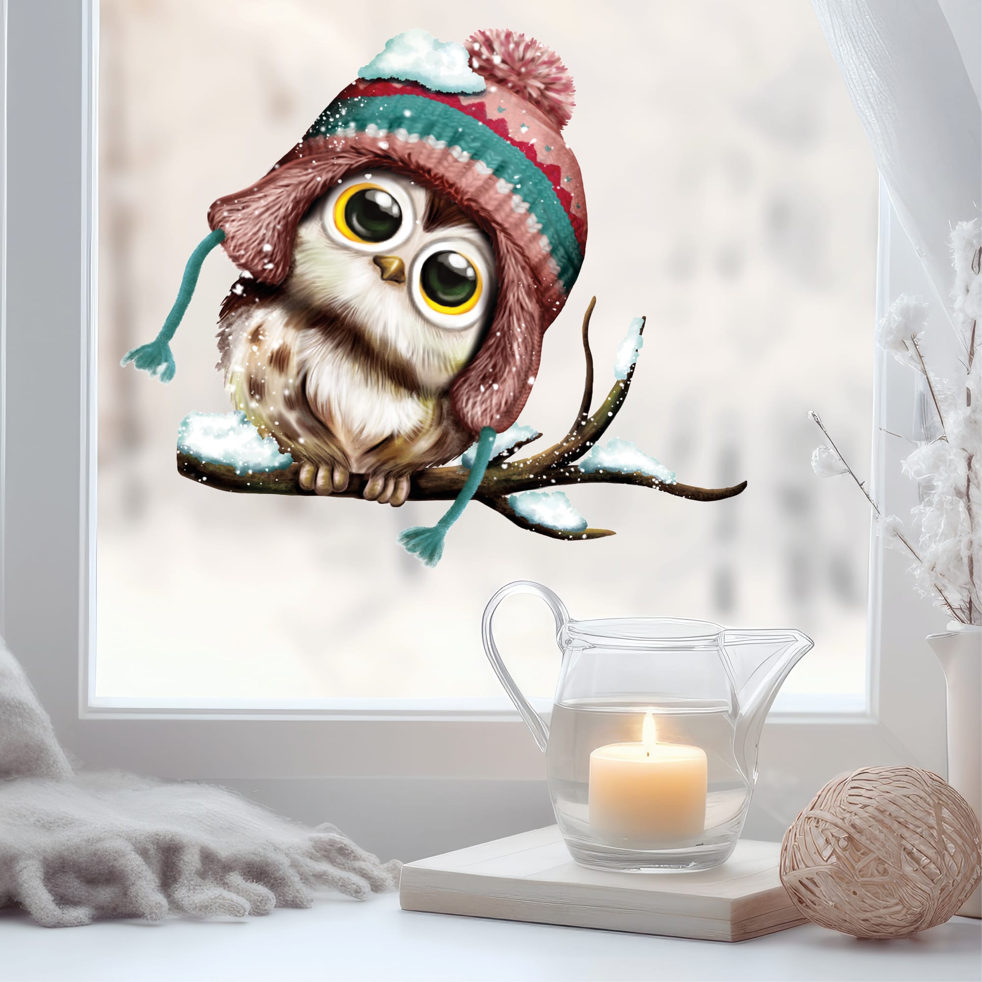 Auf dem Bild ist das Produkt: Fensterbild Weihnachten Winter Eule Mütze Schneeflocken Sterne Fensterdeko Kinder wiederverwendbar zum Preis von €13.90 abgebildet.