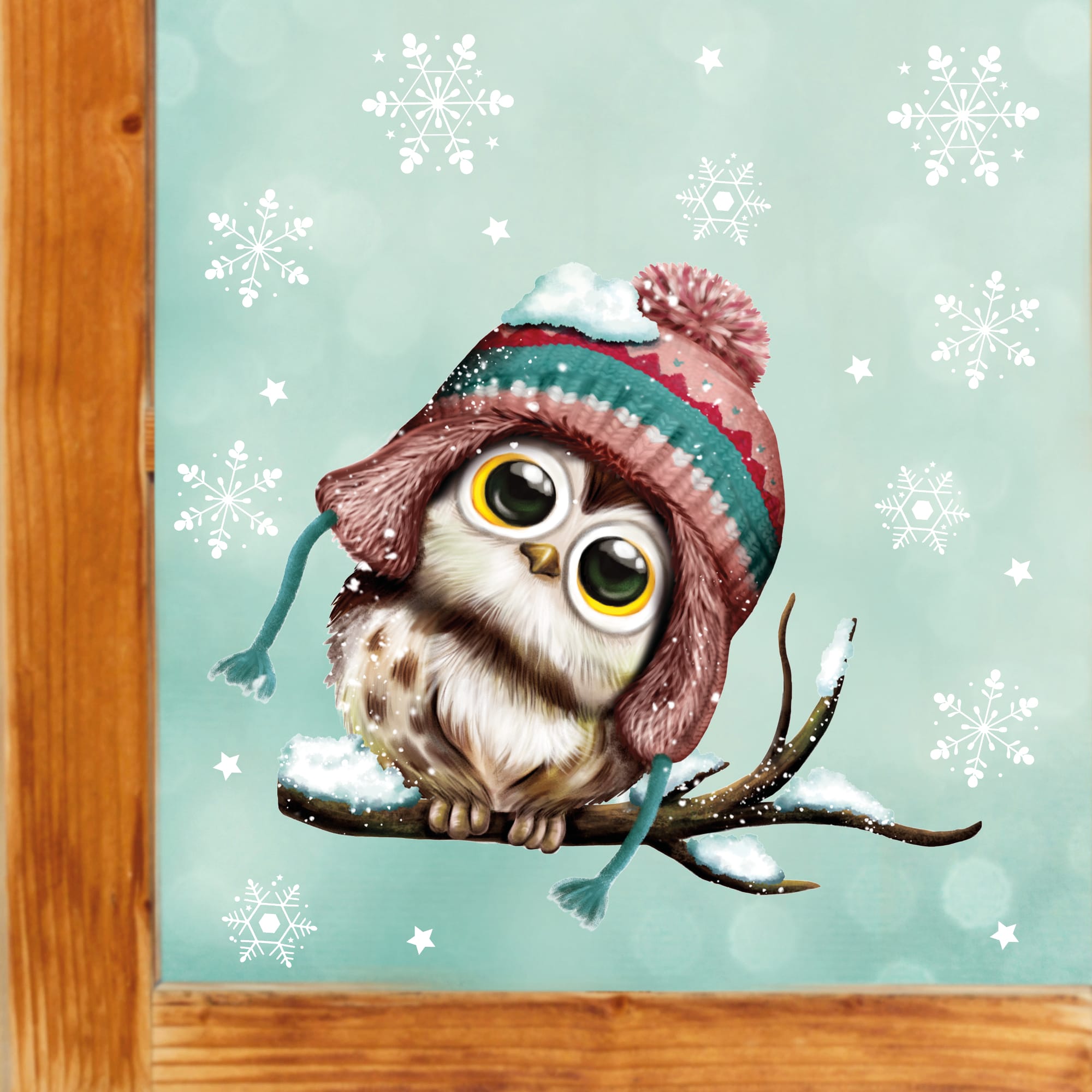 Fensterbild Weihnachten Winter Eule Mütze Schneeflocken Sterne Fensterdeko Kinder wiederverwendbar
