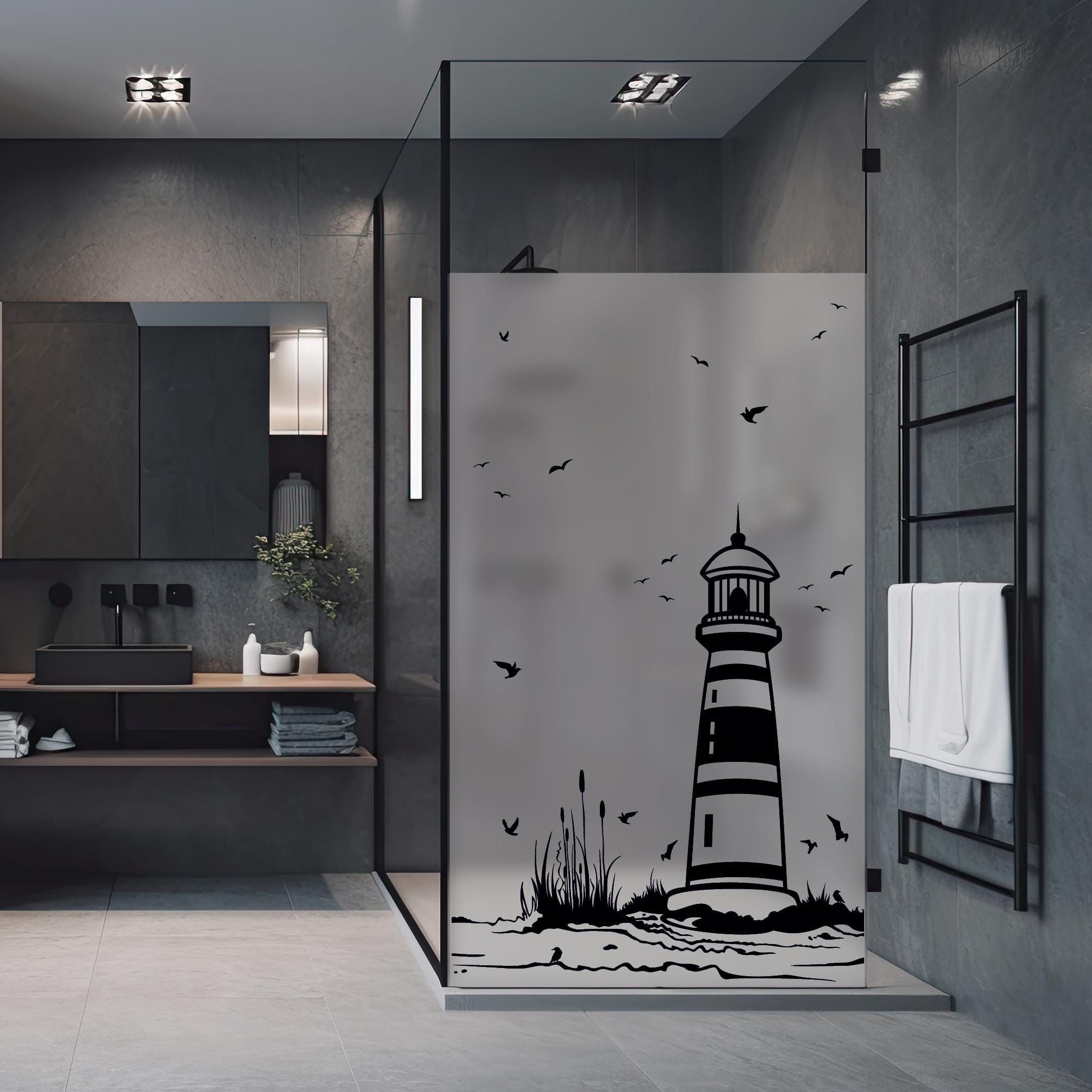 Sichtschutzfolie Duschkabine Leuchtturm Möwen Schilf maritime Fensterfolie Dusche Duschglastür Duschwand schwarz oder weiß Milchglasfolie