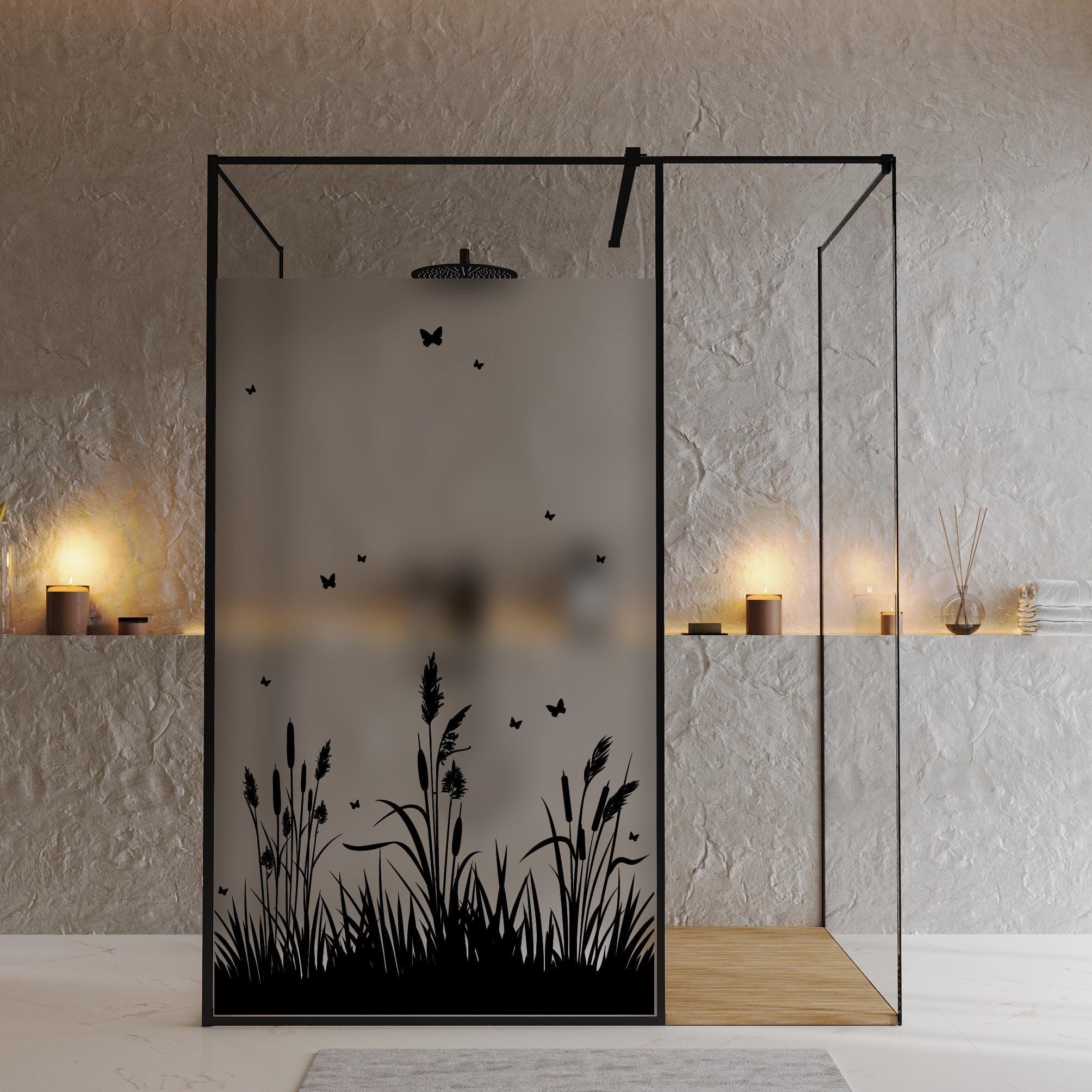 Sichtschutzfolie Duschkabine Schilf Schmetterlinge Gräser Fensterfolie Dusche Duschglastür Duschwand schwarz oder weiß Milchglasfolie