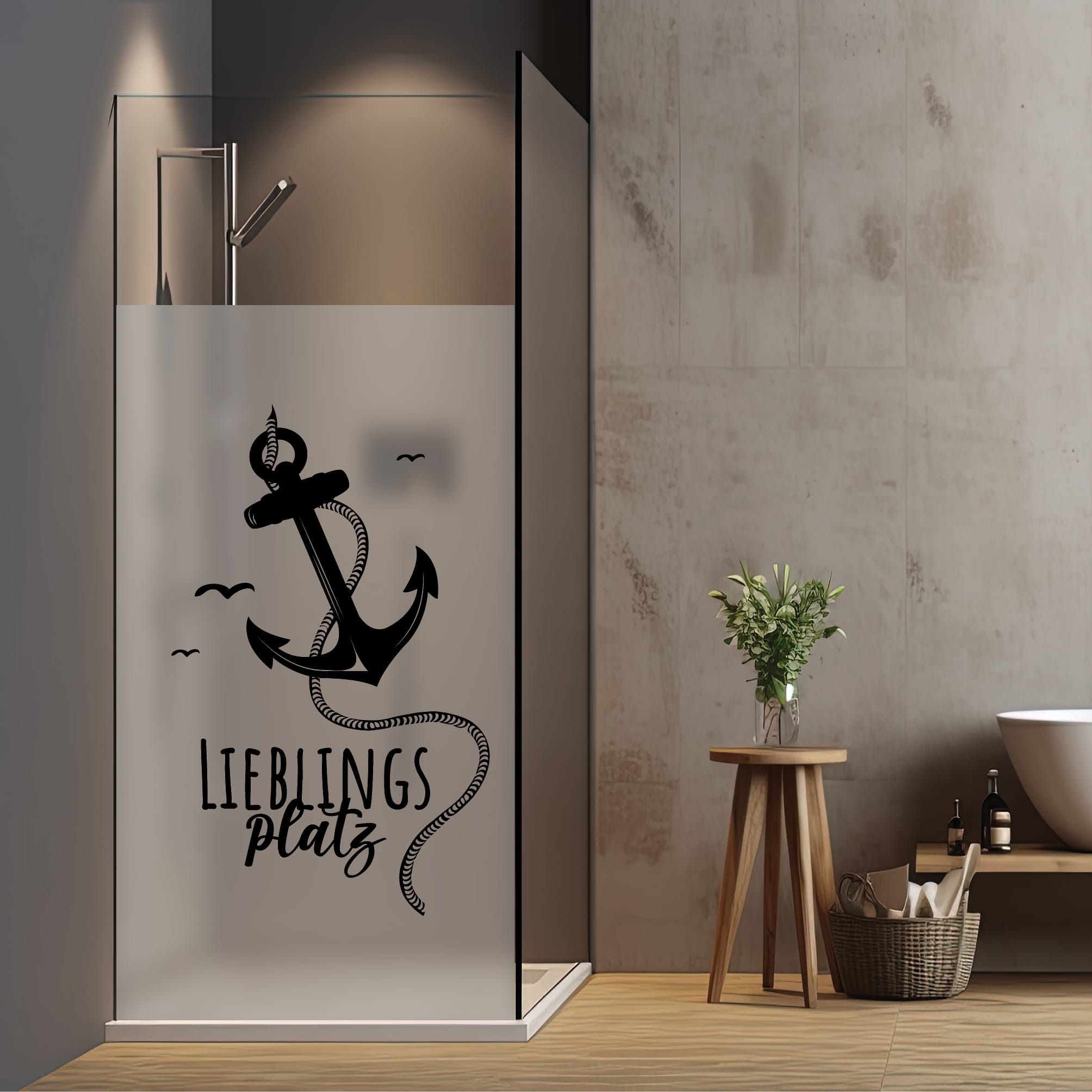 Sichtschutzfolie Duschkabine Anker Maritim Lieblingsplatz Fensterfolie Dusche Duschglastür Duschwand schwarz oder weiß Milchglasfolie