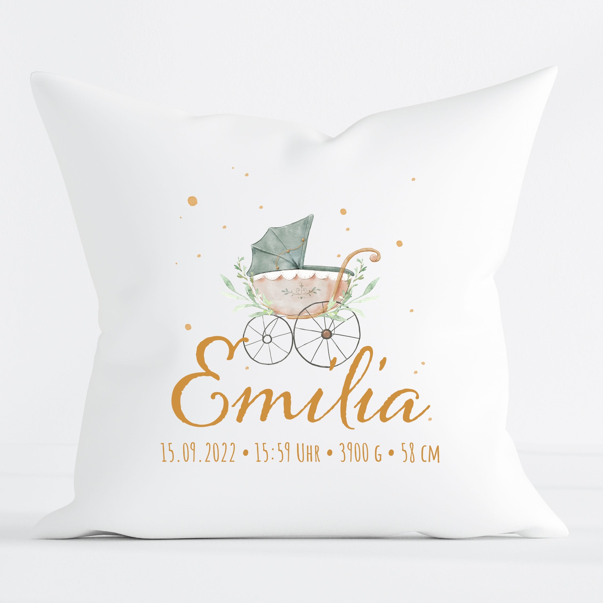Auf dem Bild ist das Produkt: Kissen Geburt mit Kinderwagen, Geschenk zur Geburt personalisiertes Geburtskissen zum Preis von €16.90 abgebildet.