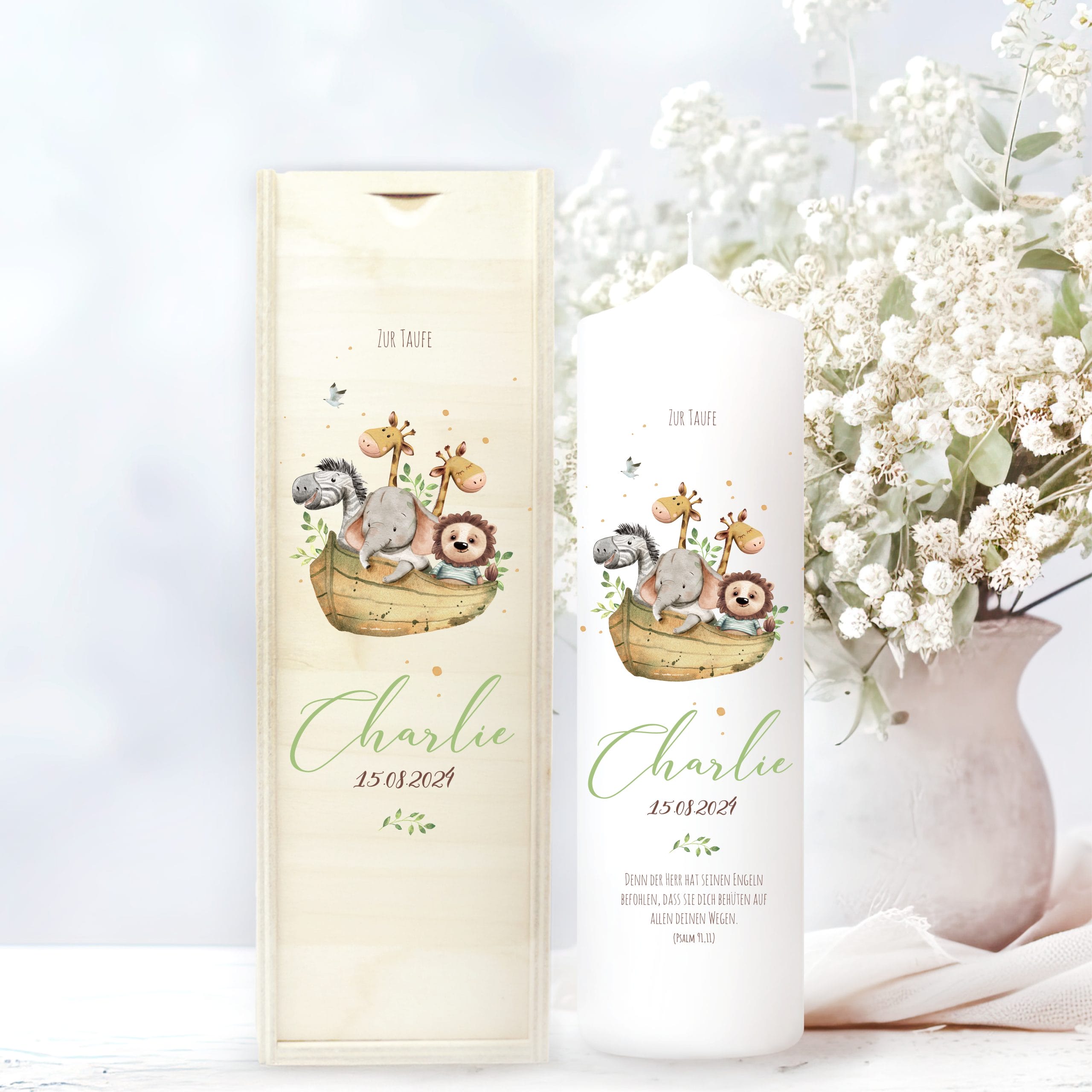 Taufkerze oder Kerze zur Geburt Junge Mädchen Arche Noah Tiere in einem Boot, pastell mit Namen, Datum und Spruch