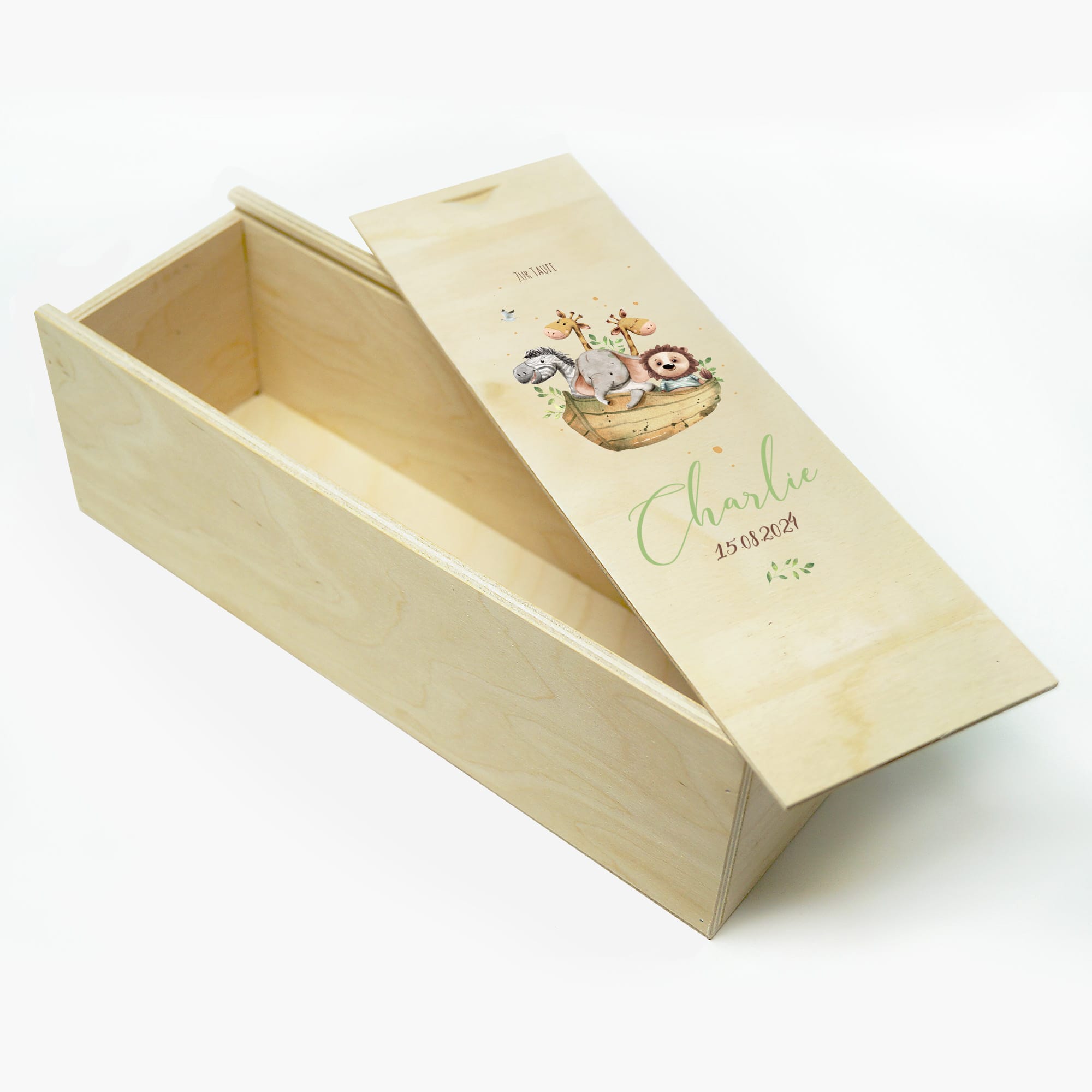 Auf dem Bild ist das Produkt: Taufkerze oder Kerze zur Geburt Junge Mädchen Arche Noah Tiere in einem Boot, pastell mit Namen, Datum und Spruch zum Preis von €6.4 abgebildet.