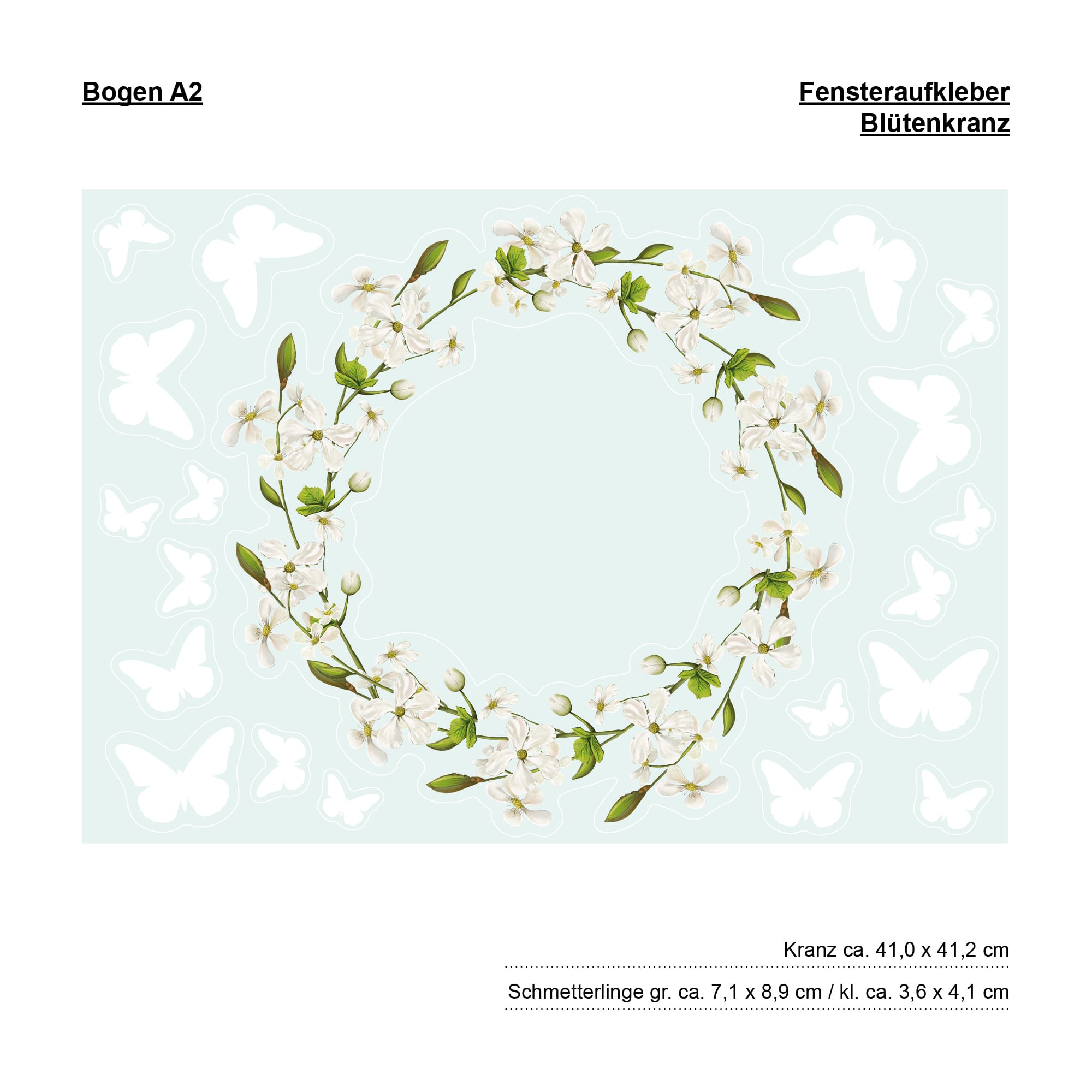 Auf dem Bild ist das Produkt: Fensterbild Blütenkranz weiß Schmetterlinge Blätter Frühling Fensteraufkleber Fensterdeko wiederverwendbare Eingang zum Preis von €13.9 abgebildet.
