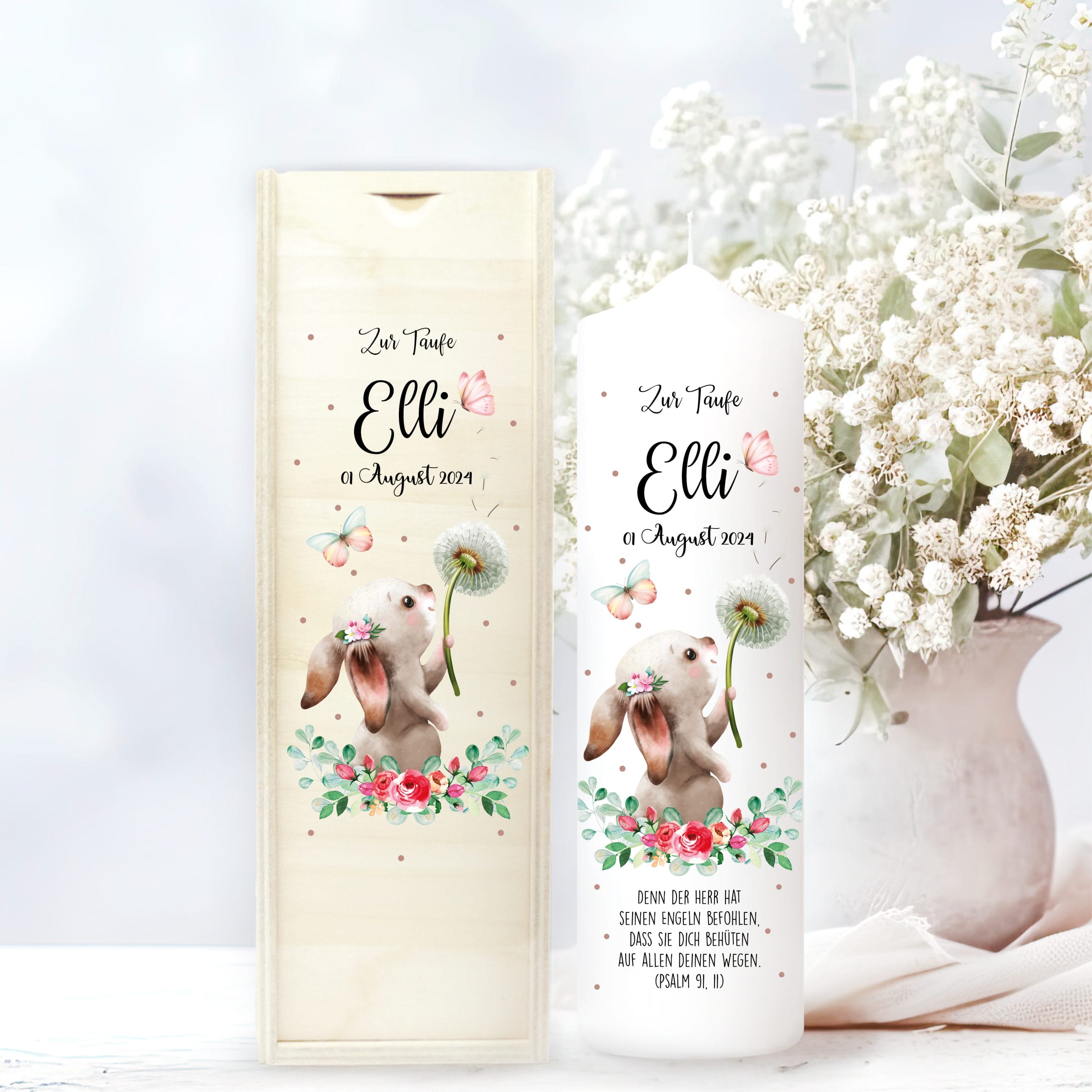 Taufkerze bedruckt Hase Pusteblume Junge Mädchen personalisiert mit Namen Datum Taufspruch Geschenk Kerze zur Taufe