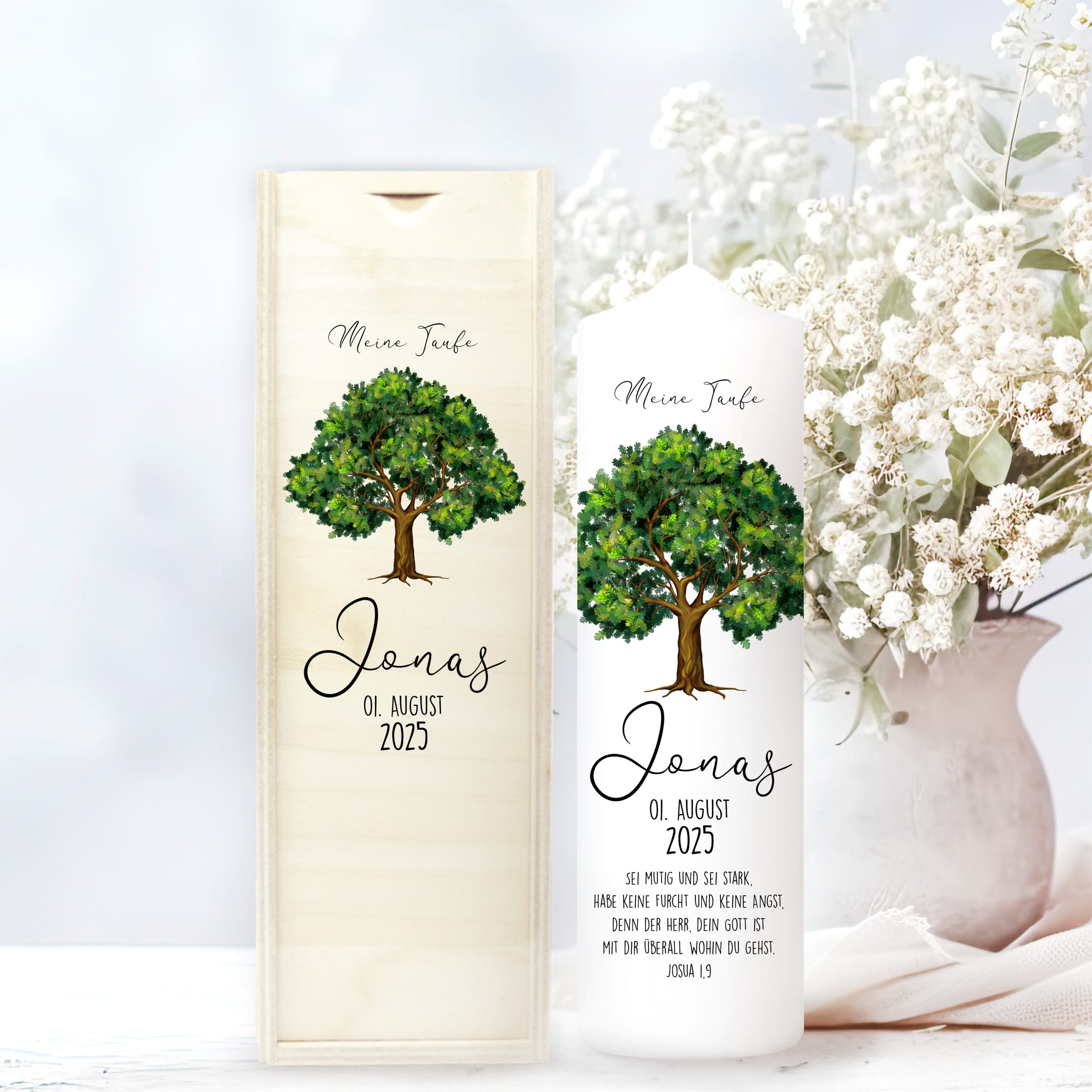 Taufkerze Junge Mädchen Lebensbaum Kerze Baum Eiche bedruckt mit Namen, Datum und auf Wunsch eigenem, vorgegebenem oder keinem Taufspruch