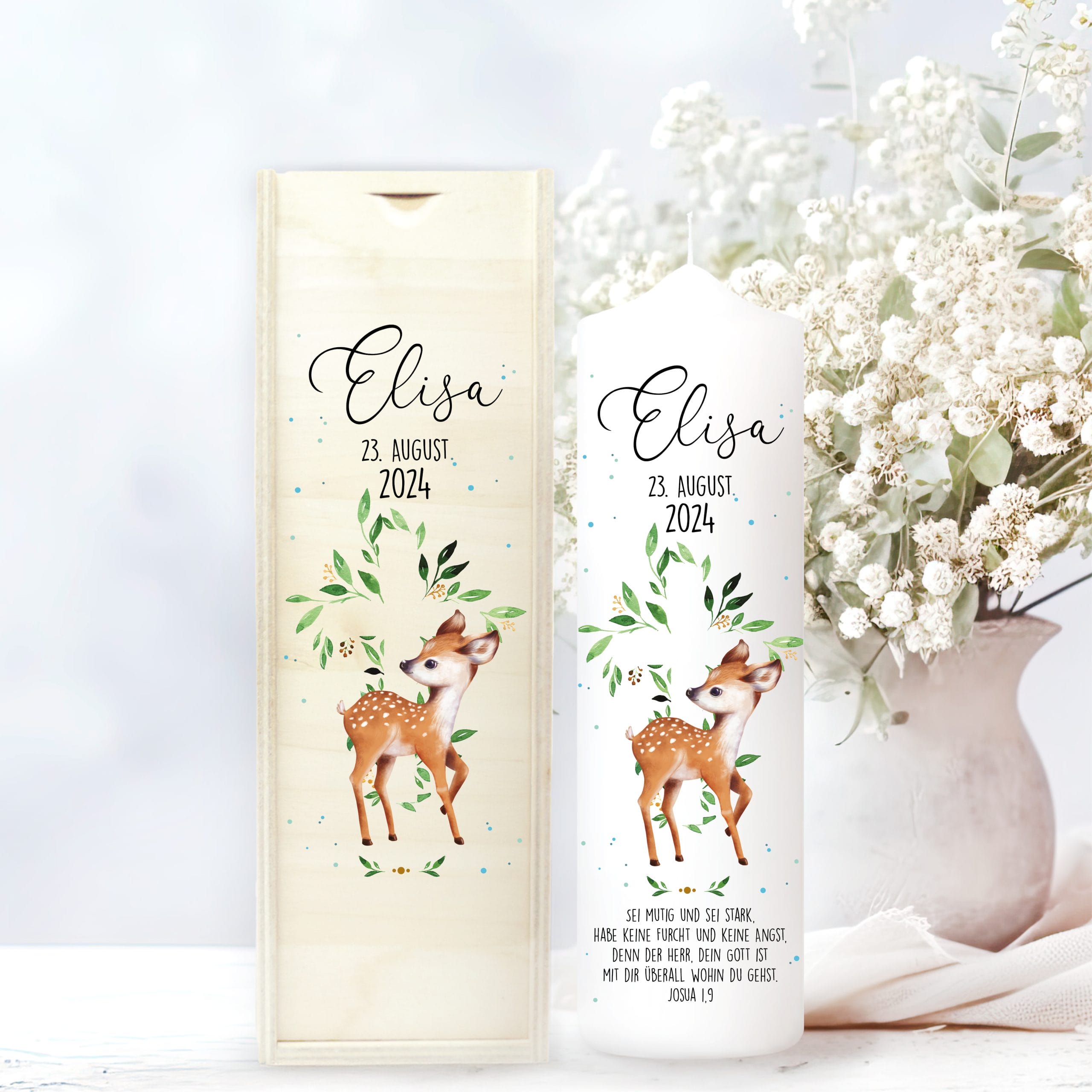 Taufkerze Heiliges Kreuz Reh Rehkitz Taufgeschenk Patenkerzen Kerze zur Taufe Segnung Kommunion personalisiert Name Datum und Taufspruch