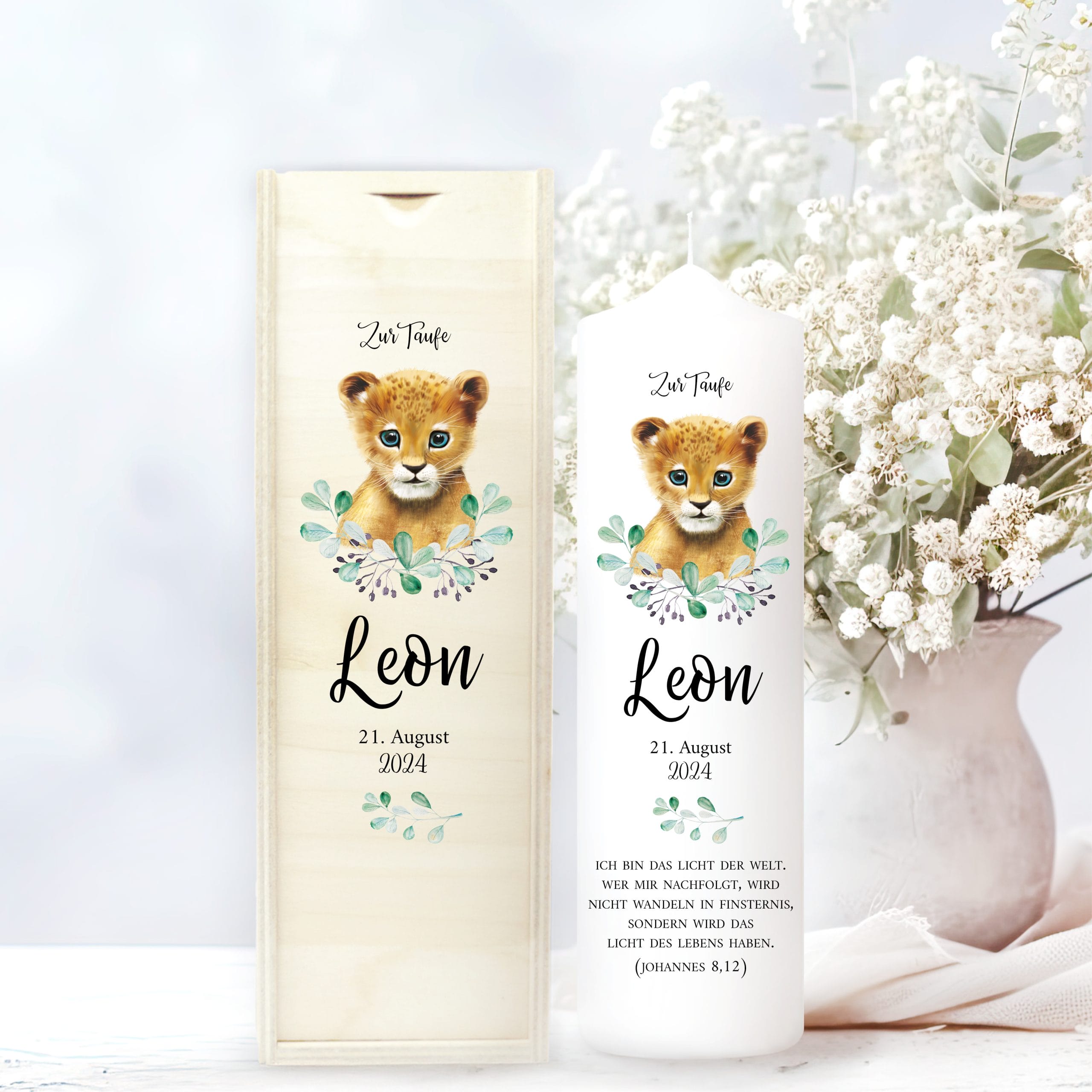 Taufkerze Junge Mädchen Löwe Baby Kerze zur Taufe mit Namen, Datum und eigenem, vorgegebenem oder keinem Taufspruch