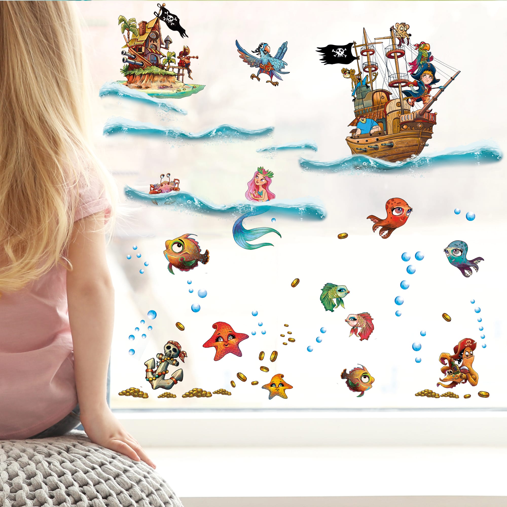Fensteraufkleber Fensterbild Kinderzimmer Unterwasserwelt Pirateninsel Piraten Meerjungfrau wiederverwendbare Fensterdekoration