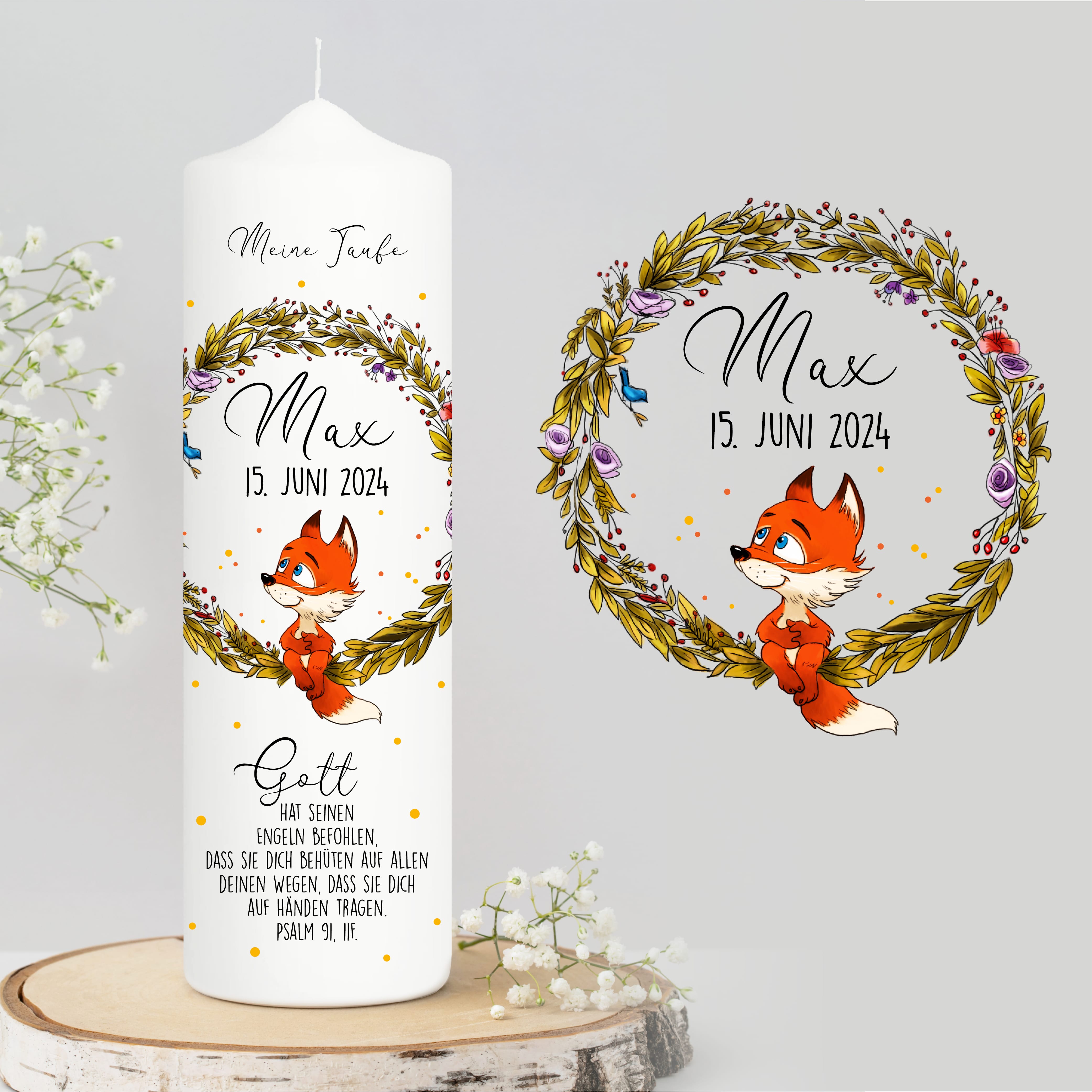 Auf dem Bild ist das Produkt: Taufkerze Blumenkranz Fuchs Kerze zur Taufe oder Geburt Kranz personalisiert mit Name Datum Taufspruch Waldtier zum Preis von €6.40 abgebildet.