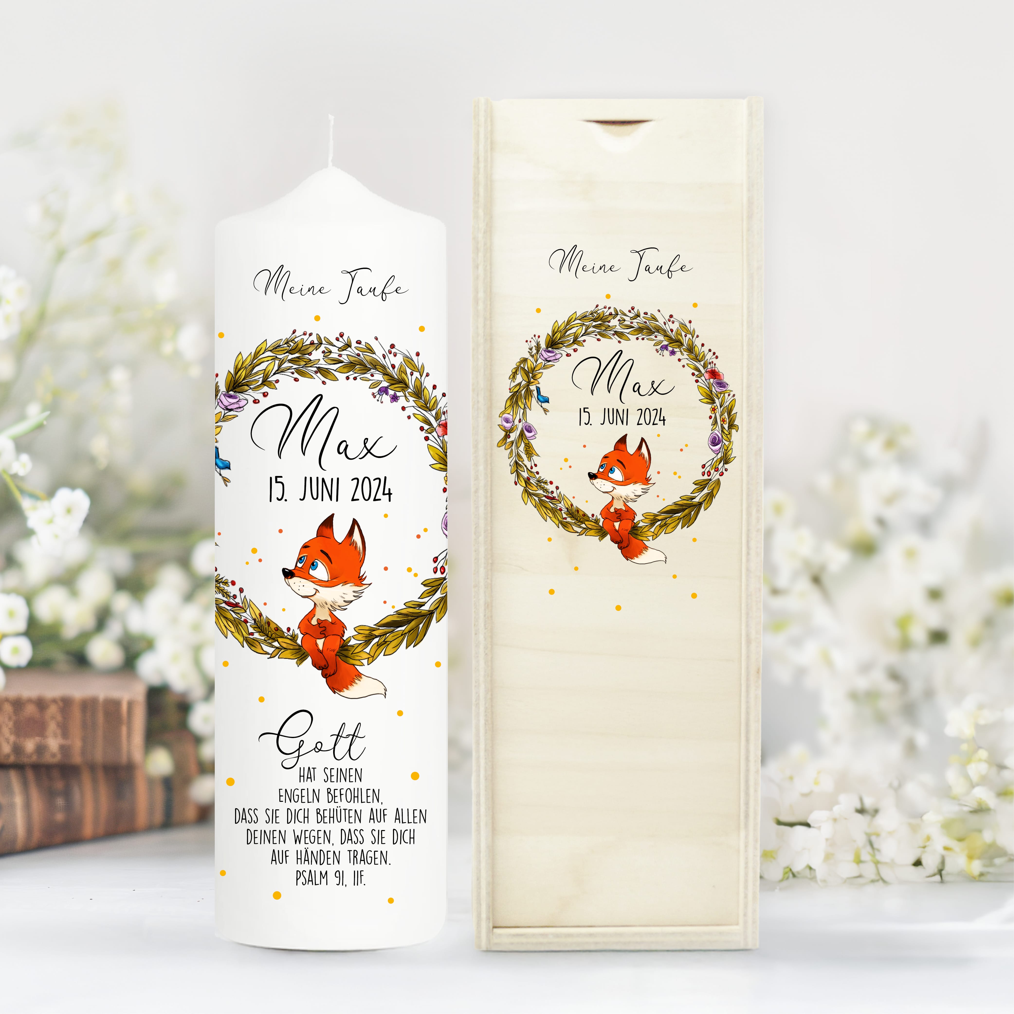 Taufkerze Blumenkranz Fuchs Kerze zur Taufe oder Geburt Kranz personalisiert mit Name Datum Taufspruch Waldtier