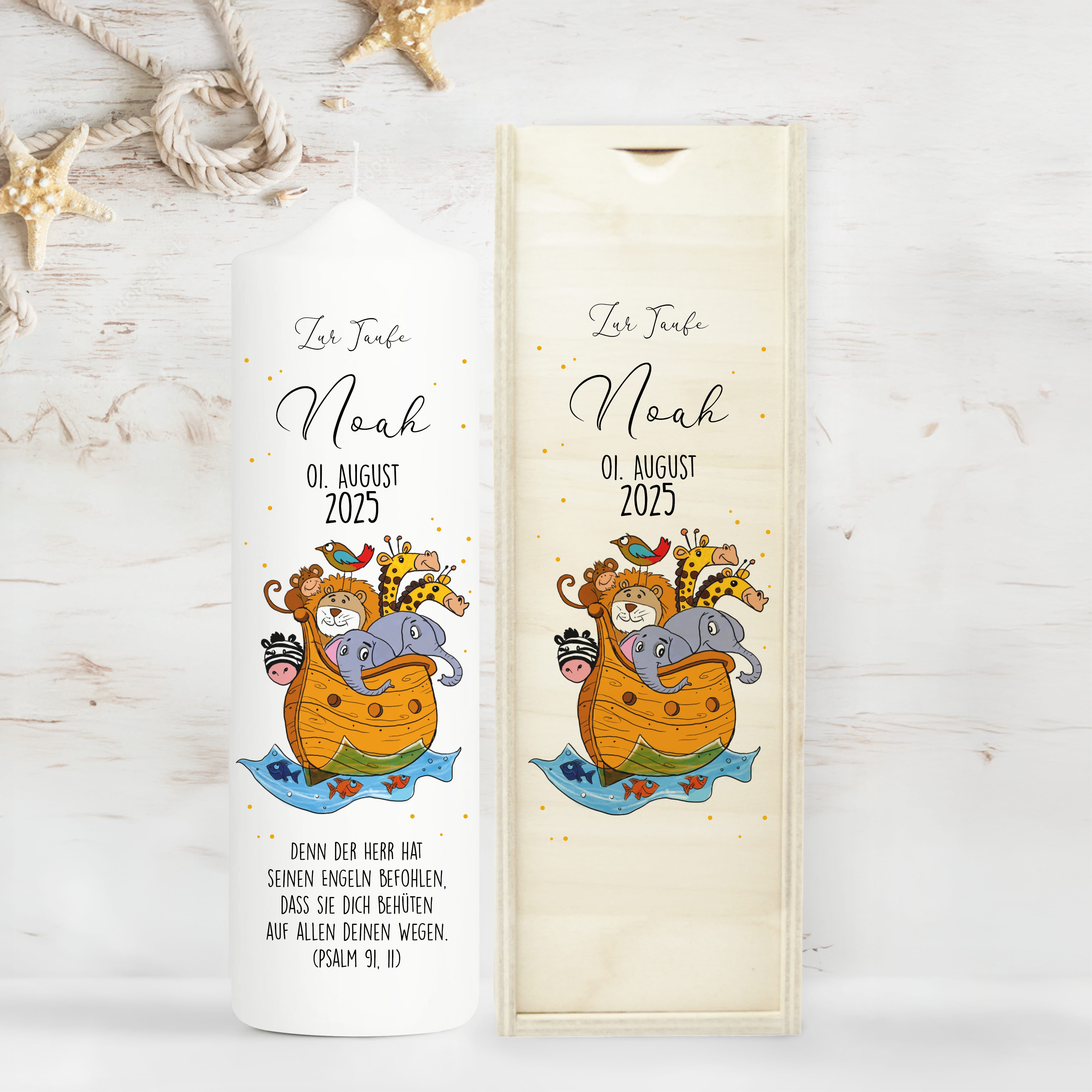 Taufkerze Arche Noah weiße Kerze zur Taufe oder Geburt Boot Tiere Taufspruch mit Wunschname & Datum