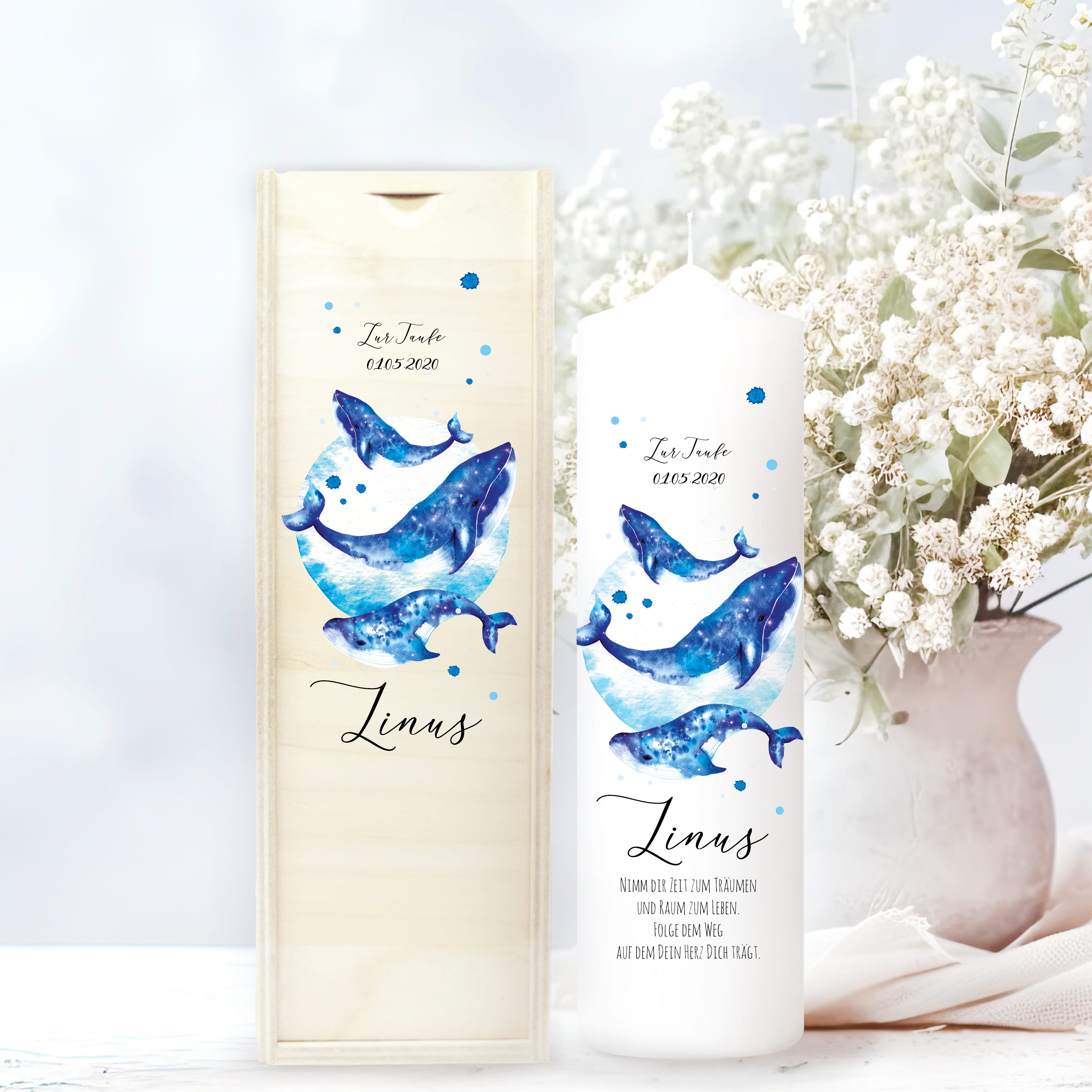 Taufkerze Junge Mädchen Wal Baby Kerze zur Taufe mit Namen, Datum und eigenem, vorgegebenem oder keinem Taufspruch