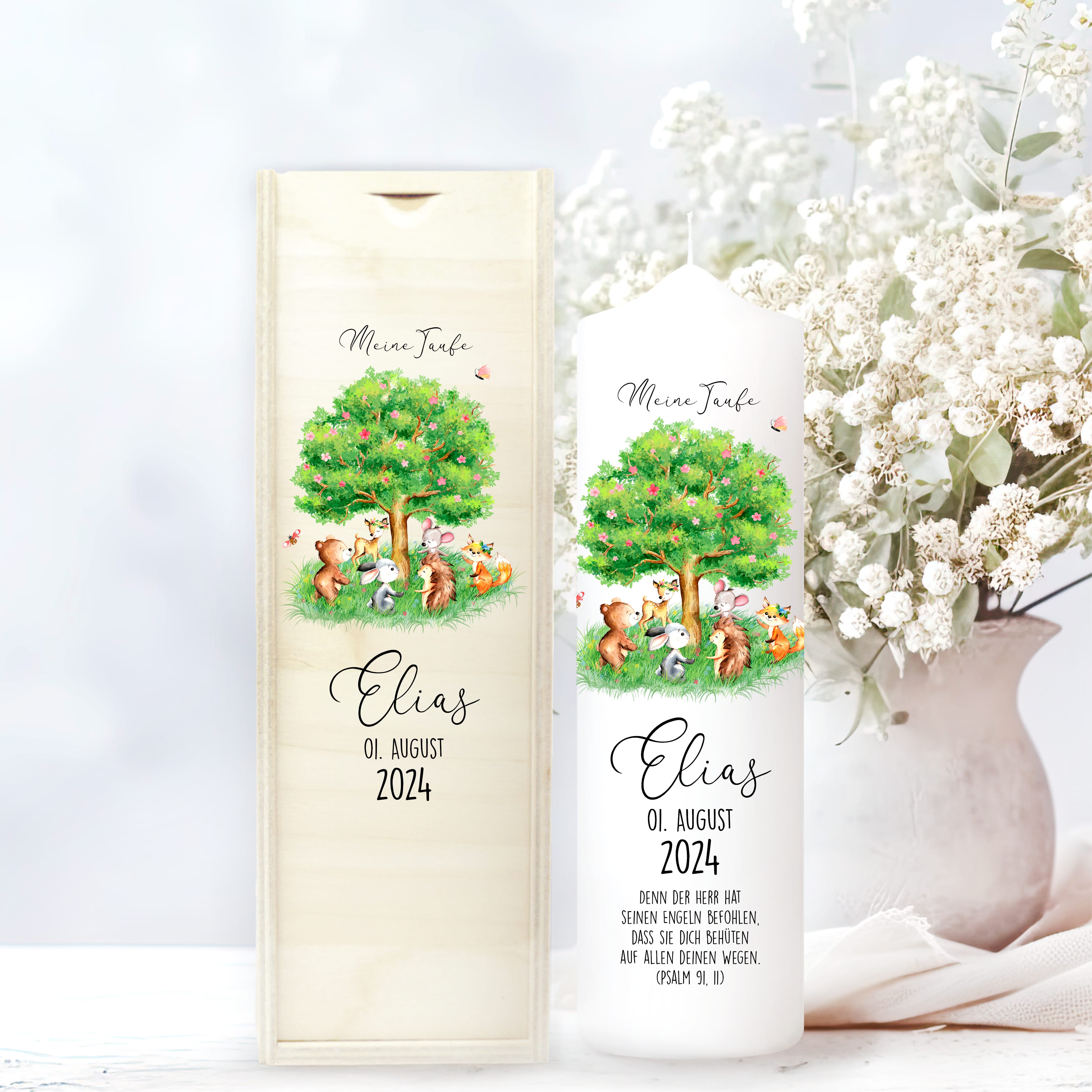 Taufkerze Lebensbaum Waldtiere Kerze zur Taufe Baum mit Tieren Taufspruch individualisierbar