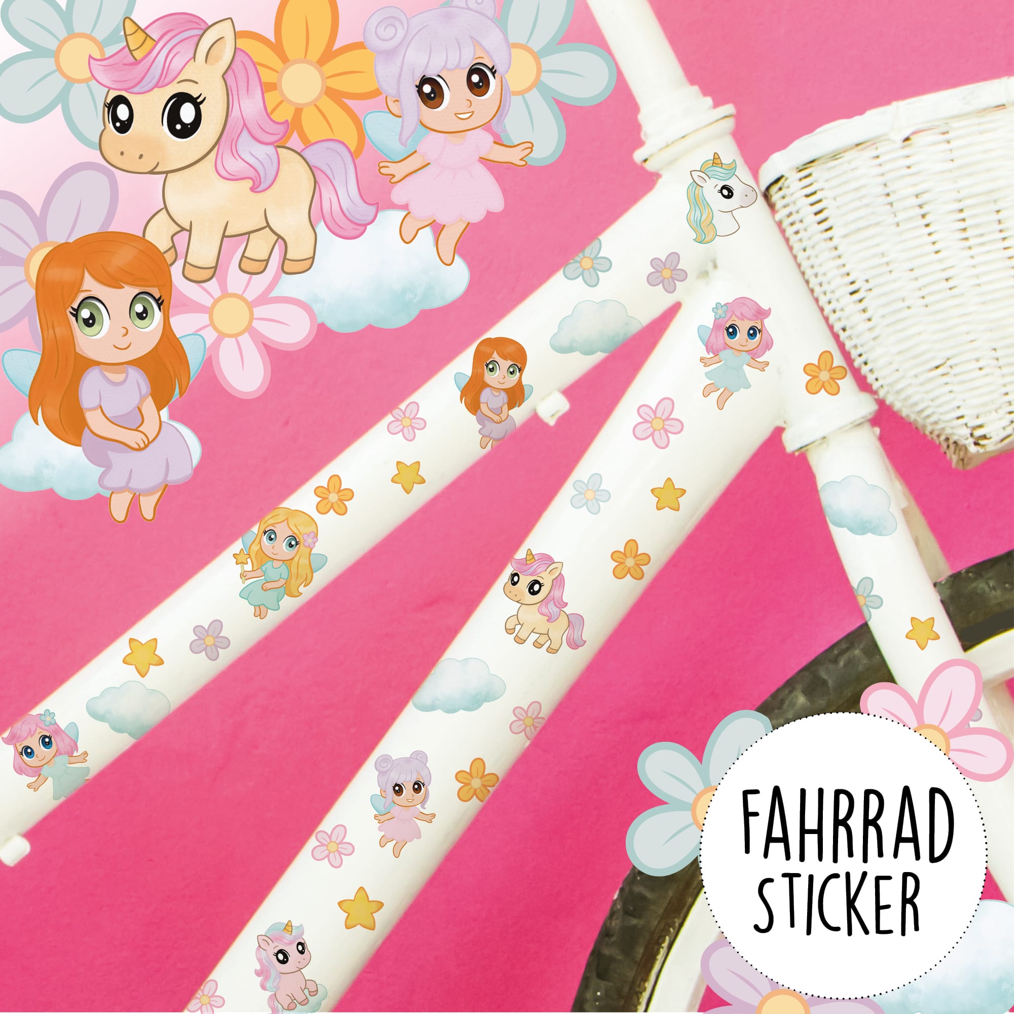 Auf dem Bild ist das Produkt: Fahrradaufkleber Feen Einhörner pastell farbig Fahrrad Sticker Kinderfahrrad Aufkleber Geburtstag Geschenk Laufrad Scooter Schultüte zum Preis von €12.90 abgebildet.